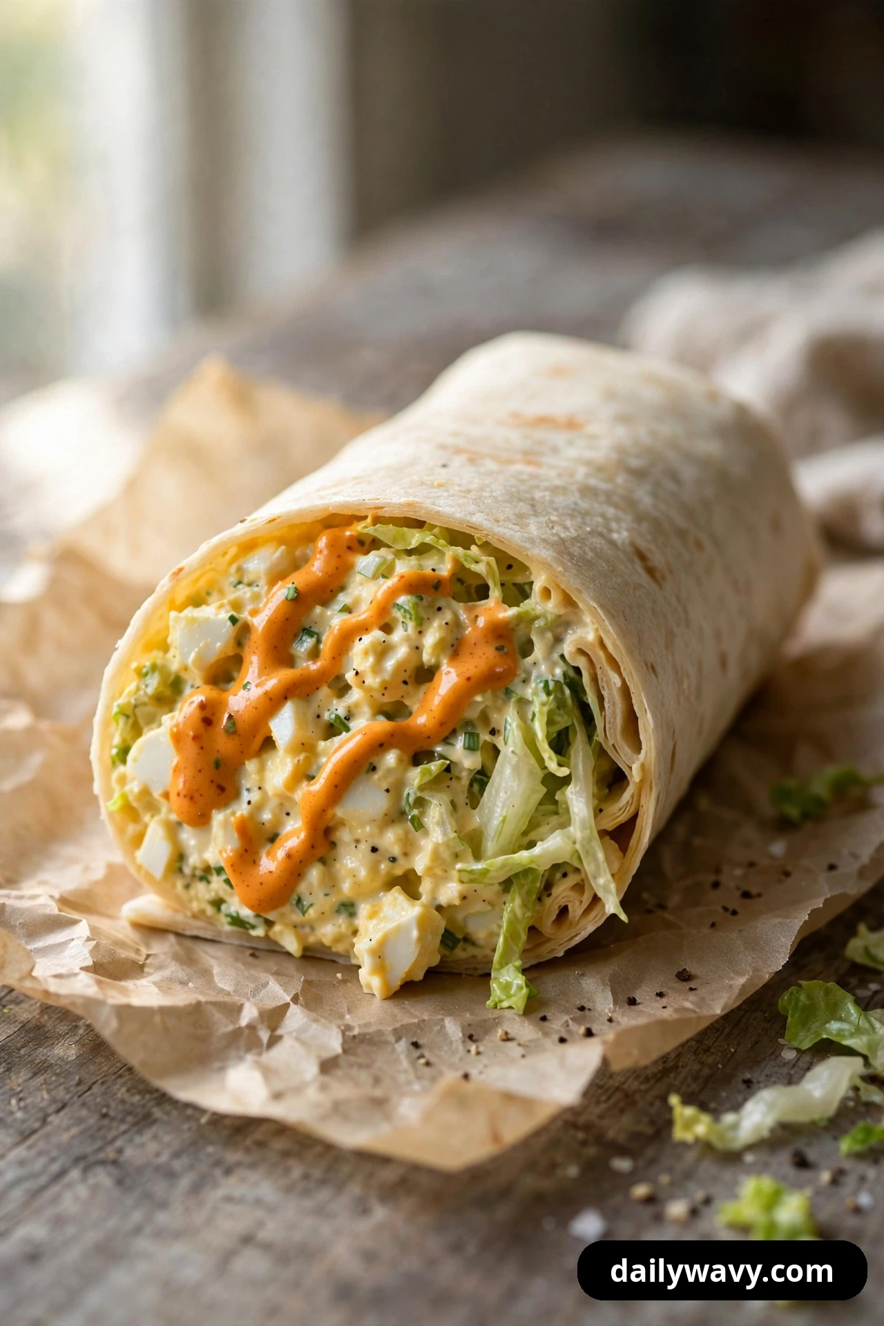 An egg salad wrap half on parchment is cut open to show shredded romaine in the filling, with an orange chipotle crema drizzled in a zigzag over the cut face.
