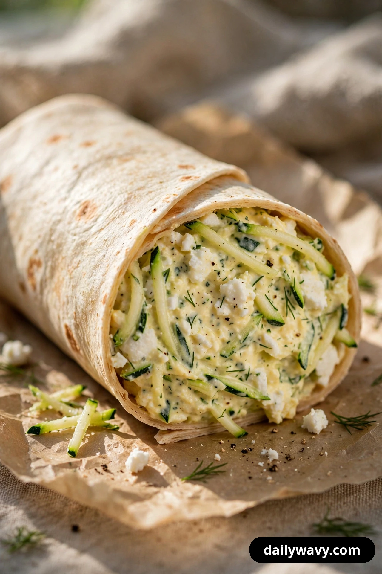 An egg salad wrap half on parchment is cut open to show shredded zucchini strands and white feta crumbles throughout the filling.