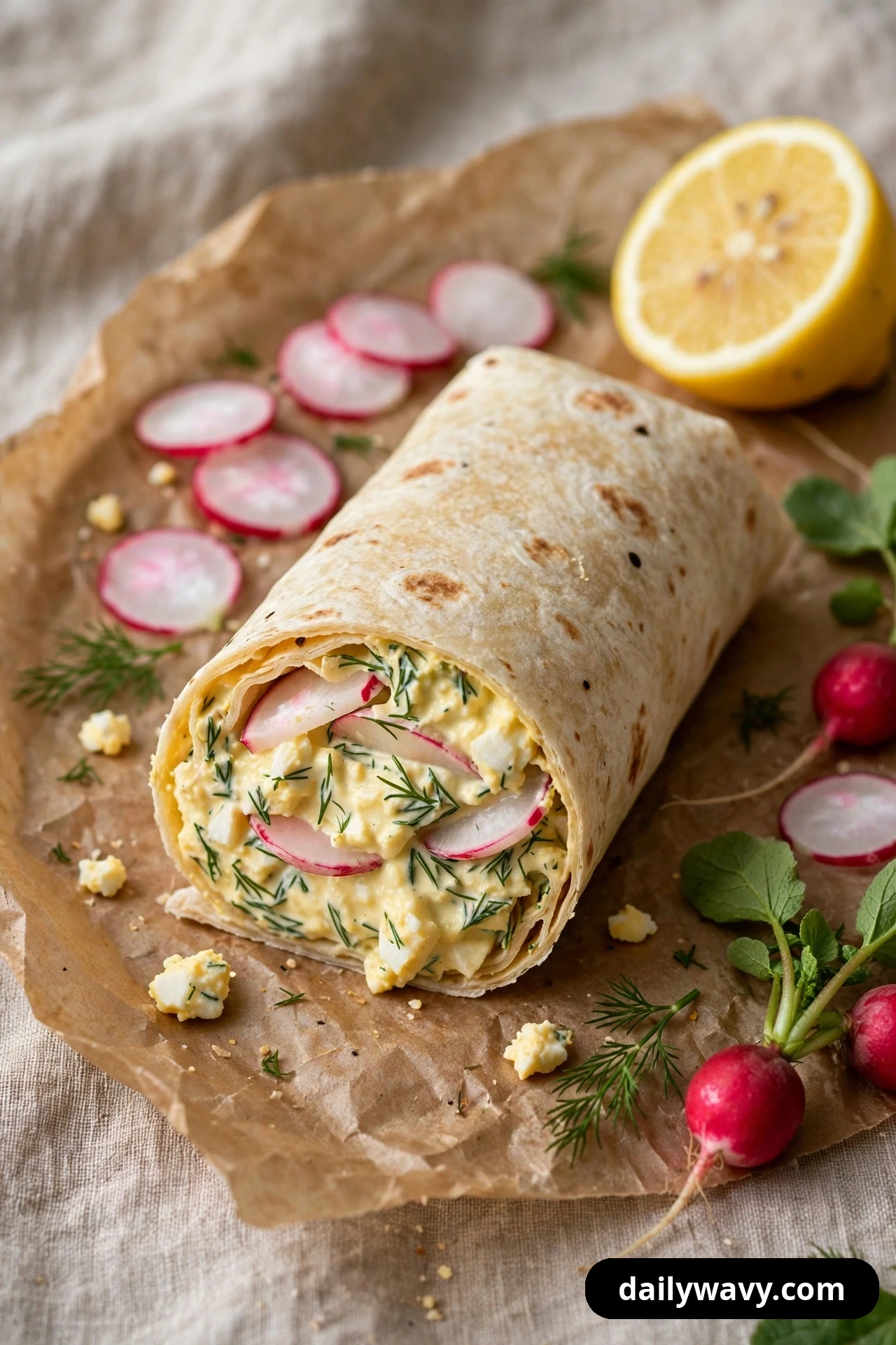 An egg salad wrap half on parchment is cut open to show thin radish coins and dill in the filling, with sliced radishes, whole radishes and half a lemon beside it.