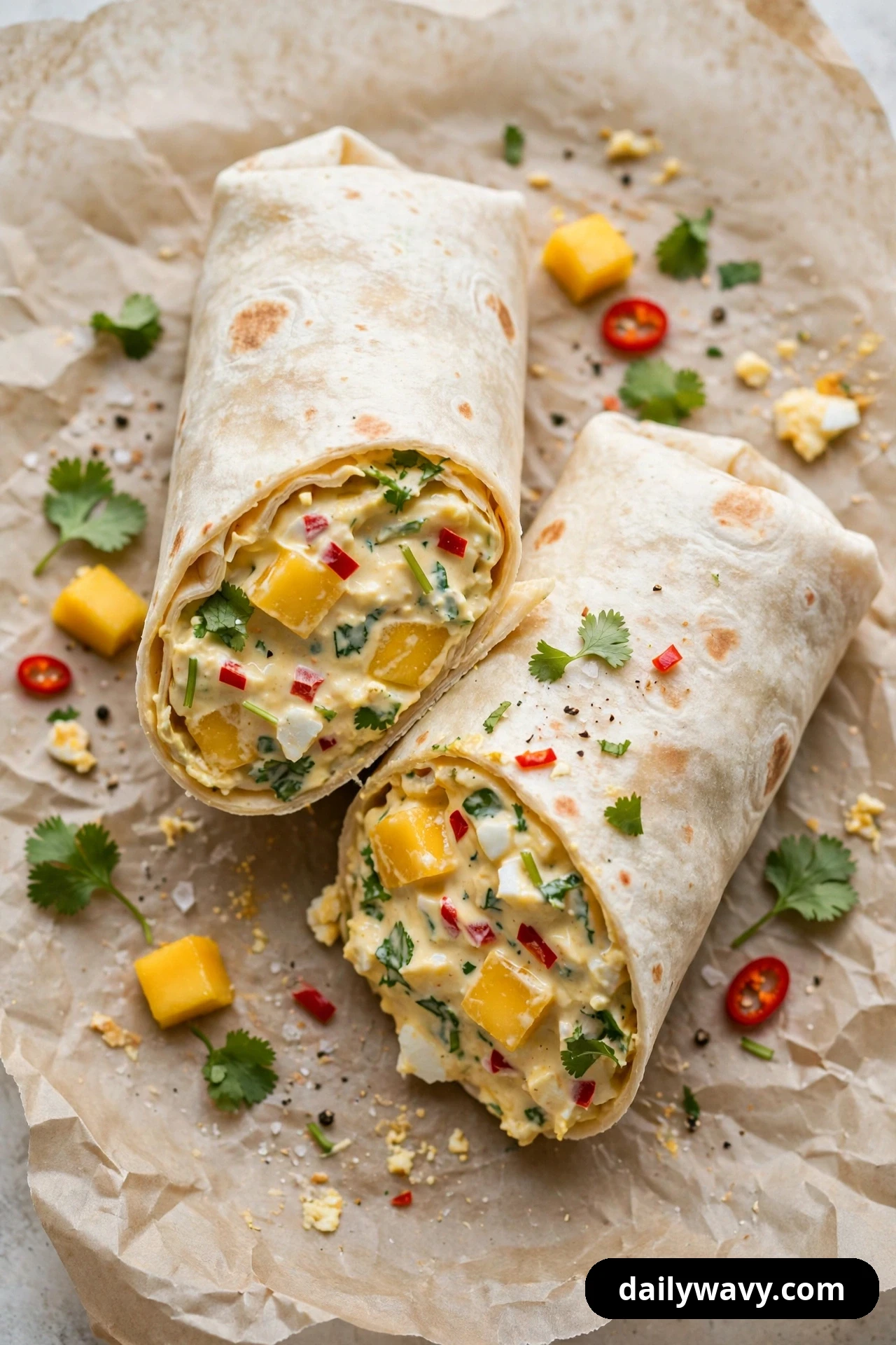 Two egg salad wrap halves on parchment are cut open to show golden mango cubes, red chili pieces and cilantro in the filling, with mango cubes and chili rings scattered beside them.