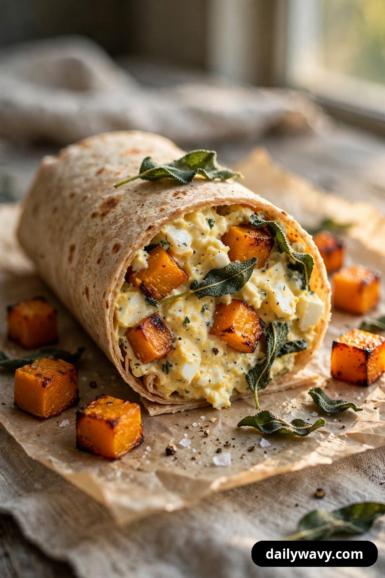 An egg salad wrap half on parchment is cut open to show caramelized roasted squash cubes and sage leaves in the filling, with more squash cubes scattered beside it.