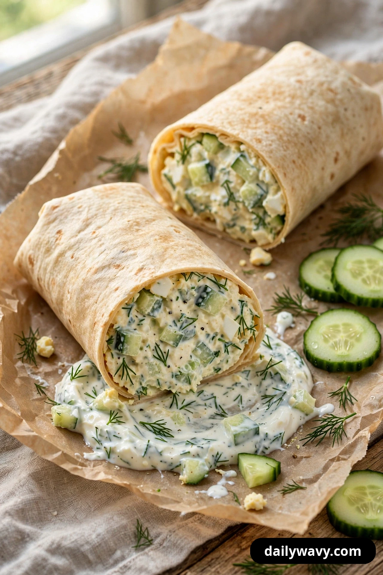 Two egg salad wrap halves on parchment are cut open to show diced cucumber and dill in a pale yogurt filling, with cucumber slices resting beside them.