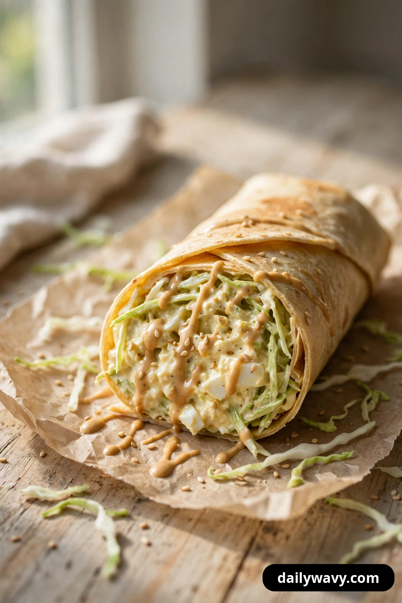 An egg salad wrap half on parchment is cut open to show finely shredded cabbage in the filling, with tan sesame sauce drizzled over the cut face and sesame seeds sprinkled on top.