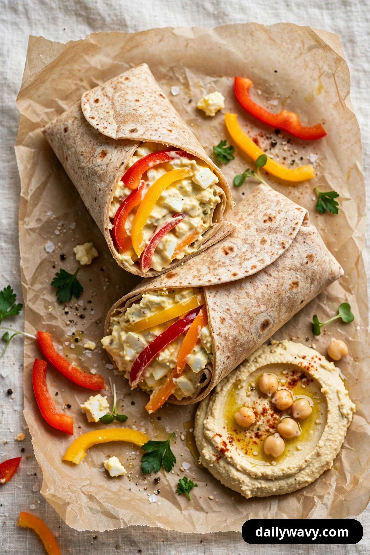 Two egg salad wraps rest on parchment, one cut open to show red, yellow and orange bell pepper strips in the filling, with a swirl of hummus topped with chickpeas beside them.