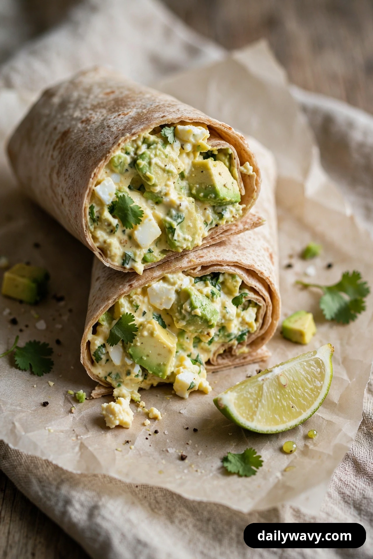 Two egg salad wrap halves are stacked on parchment with avocado chunks and cilantro visible in the cut ends, and a lime wedge rests beside them.