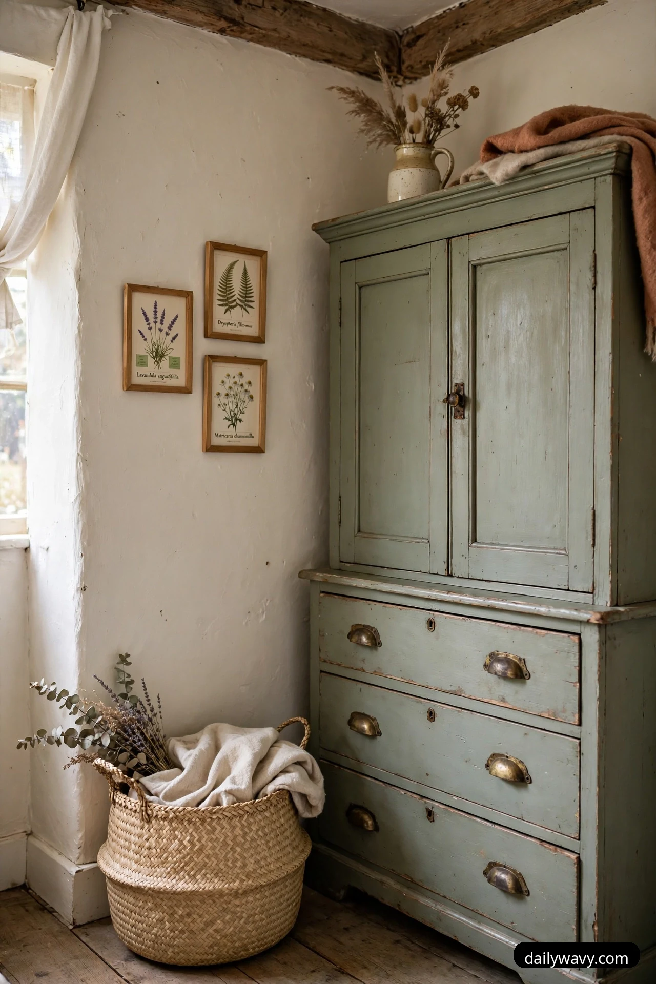 A closer view shows a woven seagrass basket holding a cream throw and dried stems on the floor beside a sage-green painted cupboard with drawers below and brass cup pulls.