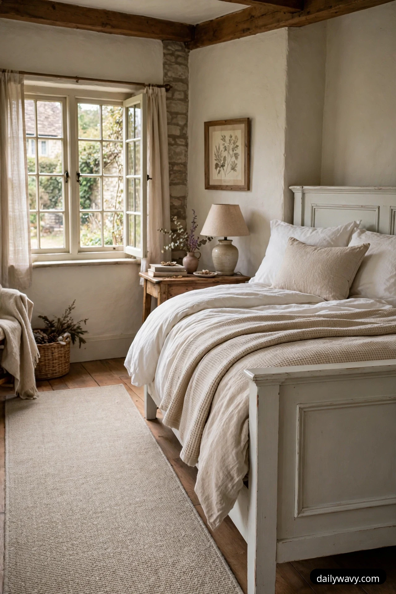 A long beige woven runner rug lies lengthwise beside a white painted bed with cream bedding, with a wooden side table holding a ceramic lamp near an open casement window.