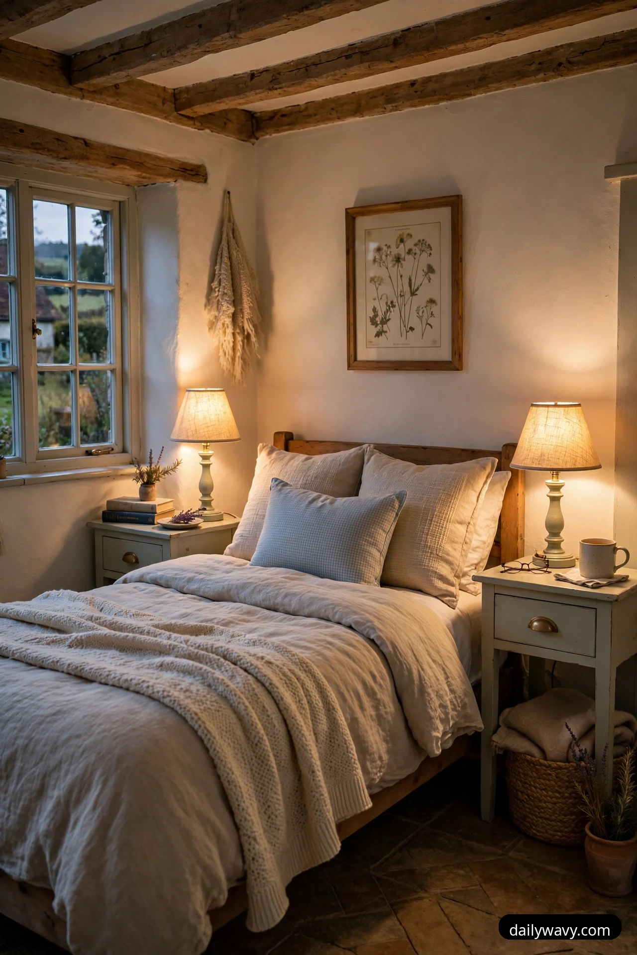 A matching pair of table lamps with linen shades glows on painted nightstands on either side of a bed dressed in cream bedding with a knitted throw.