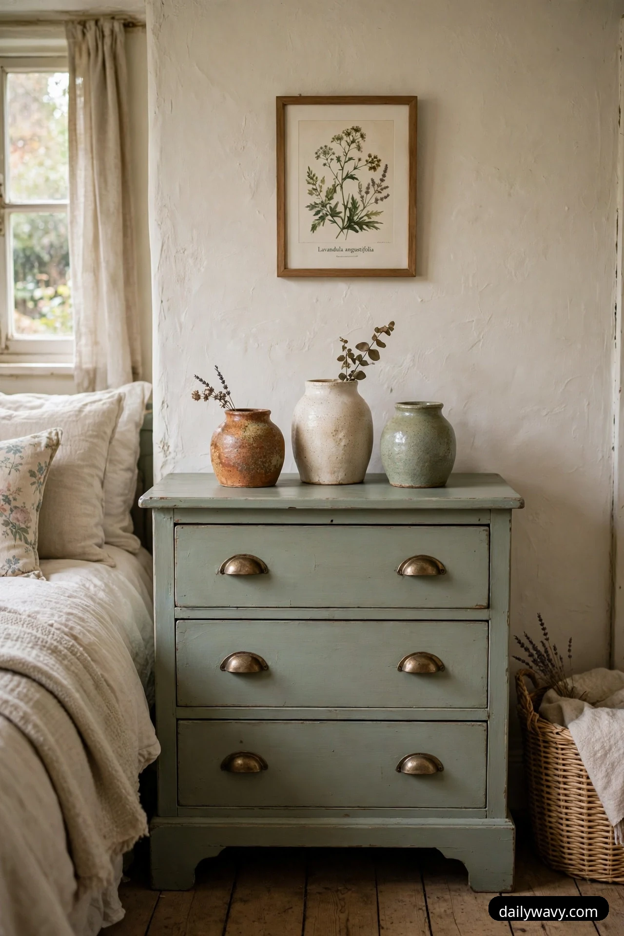 Three handmade ceramic vases in terracotta, cream and sage glazes sit in a row on a sage-green painted chest of drawers beneath a framed botanical print.