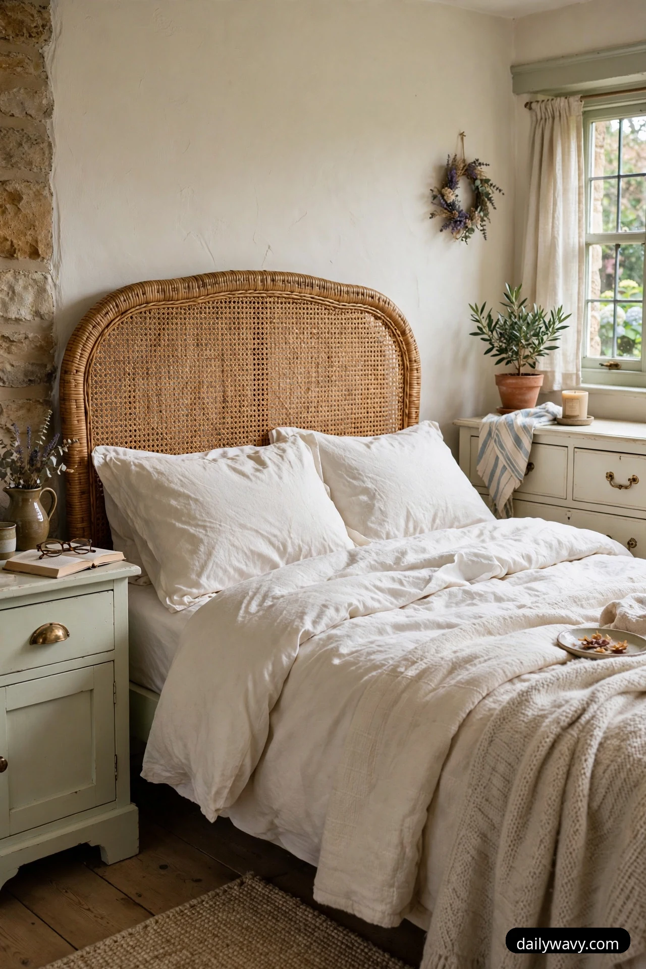 An arched natural rattan headboard rises behind a bed dressed in white linen bedding, with a painted nightstand on one side and a painted dresser by the window on the other.
