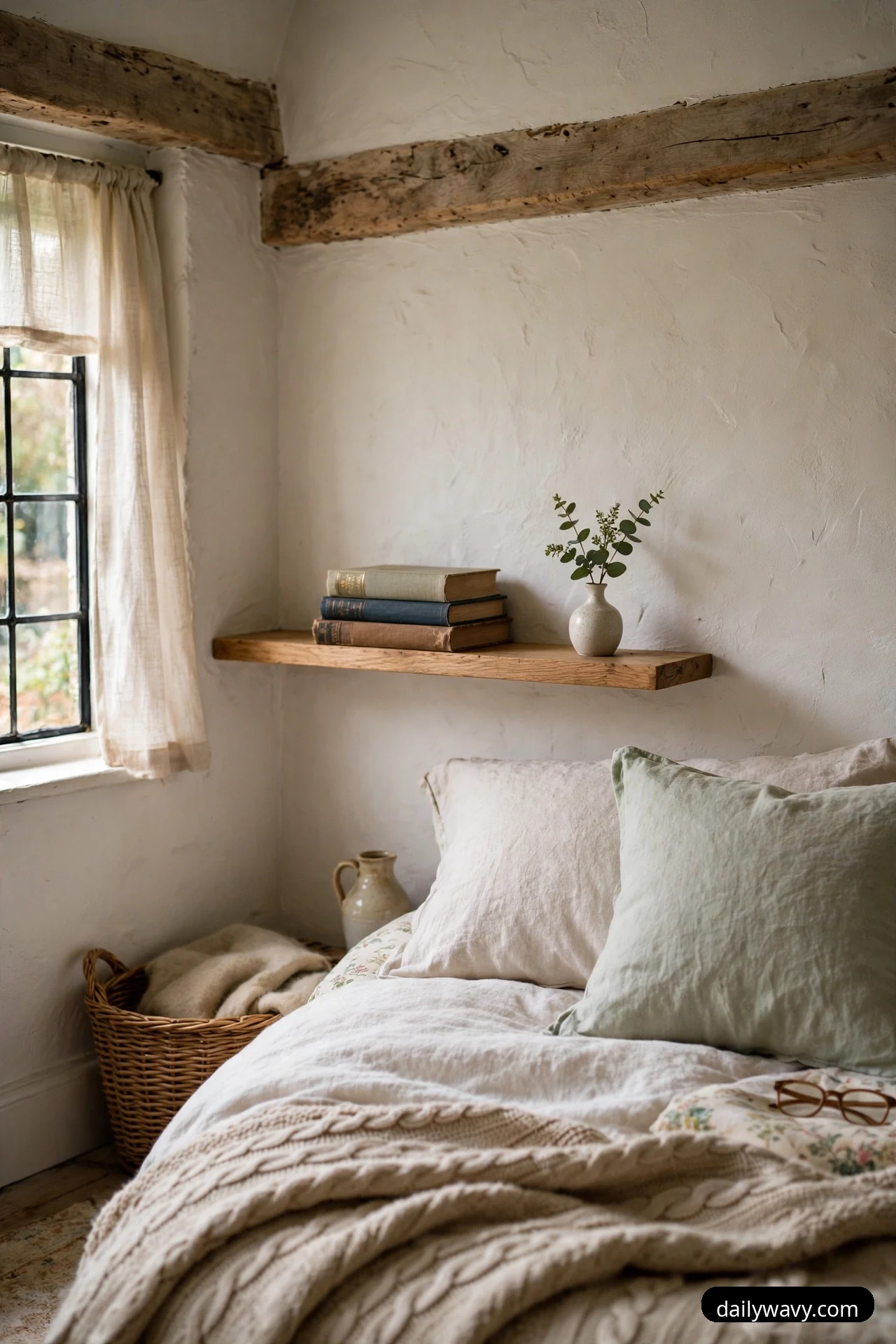A narrow floating oak shelf above a bed holds a stack of three hardcover books and a small white bud vase with eucalyptus stems.