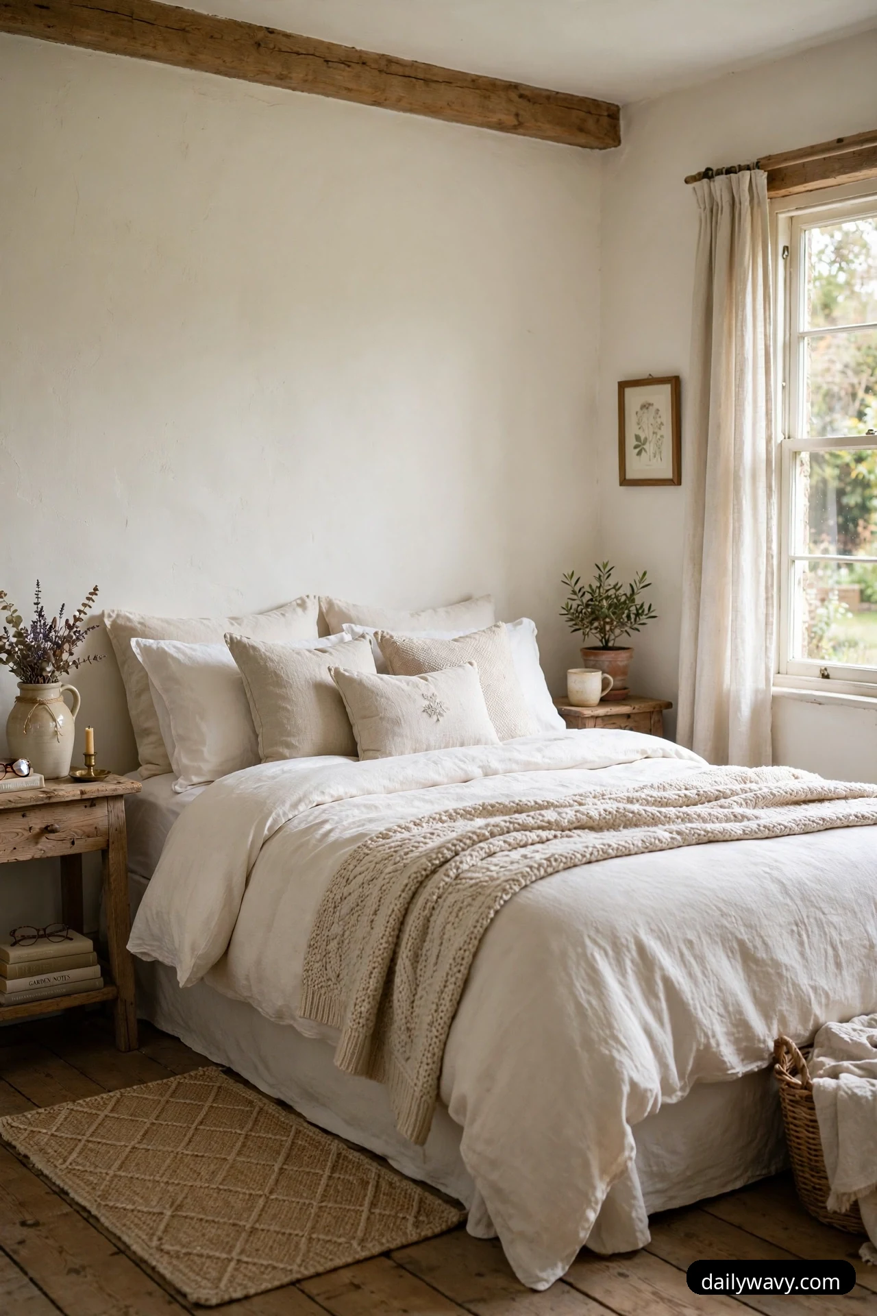 A plain warm white wall rises behind a bed layered with cream linen pillows and bedding and a chunky knitted throw across its foot.