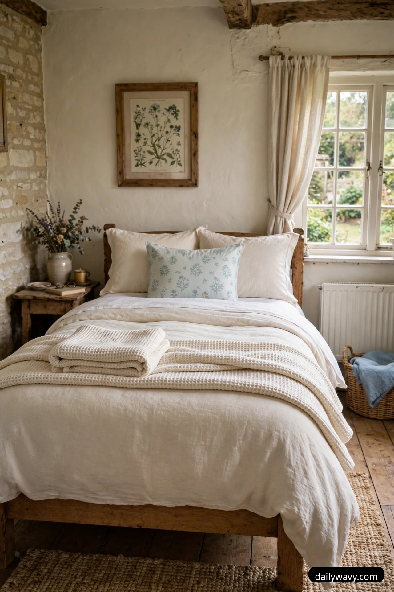 A cream waffle-knit throw lies folded across the foot of a bed with white linen bedding, below a framed botanical print on a warm white wall.