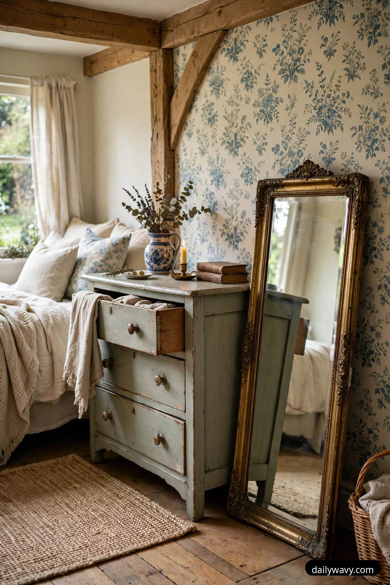A tall vintage mirror in an ornate gilt frame leans against a floral wallpaper wall beside a sage-green painted chest of drawers.