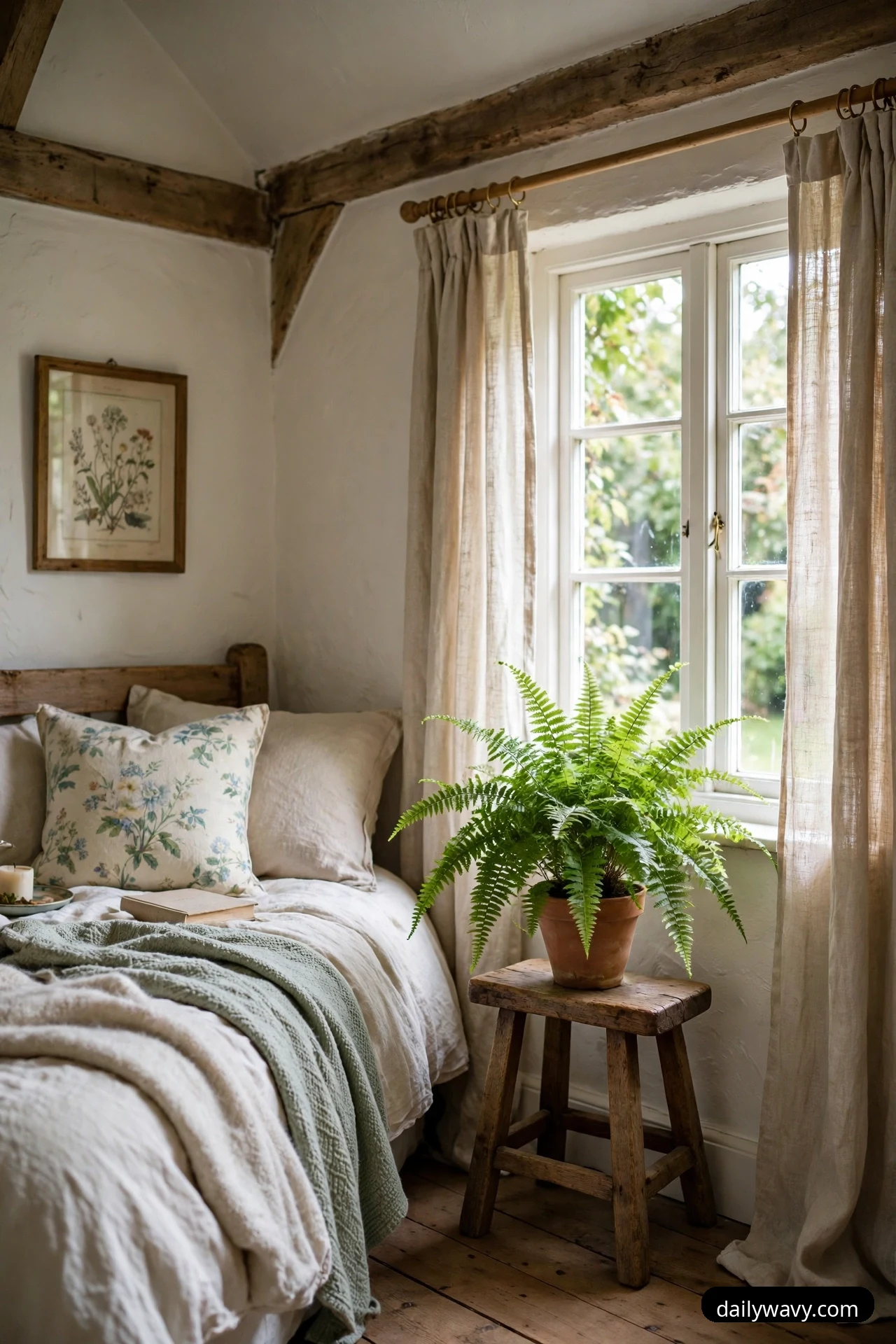 A lush green fern in a terracotta pot sits on a rustic wooden stool beside a bed, in front of a bright window with linen curtains.
