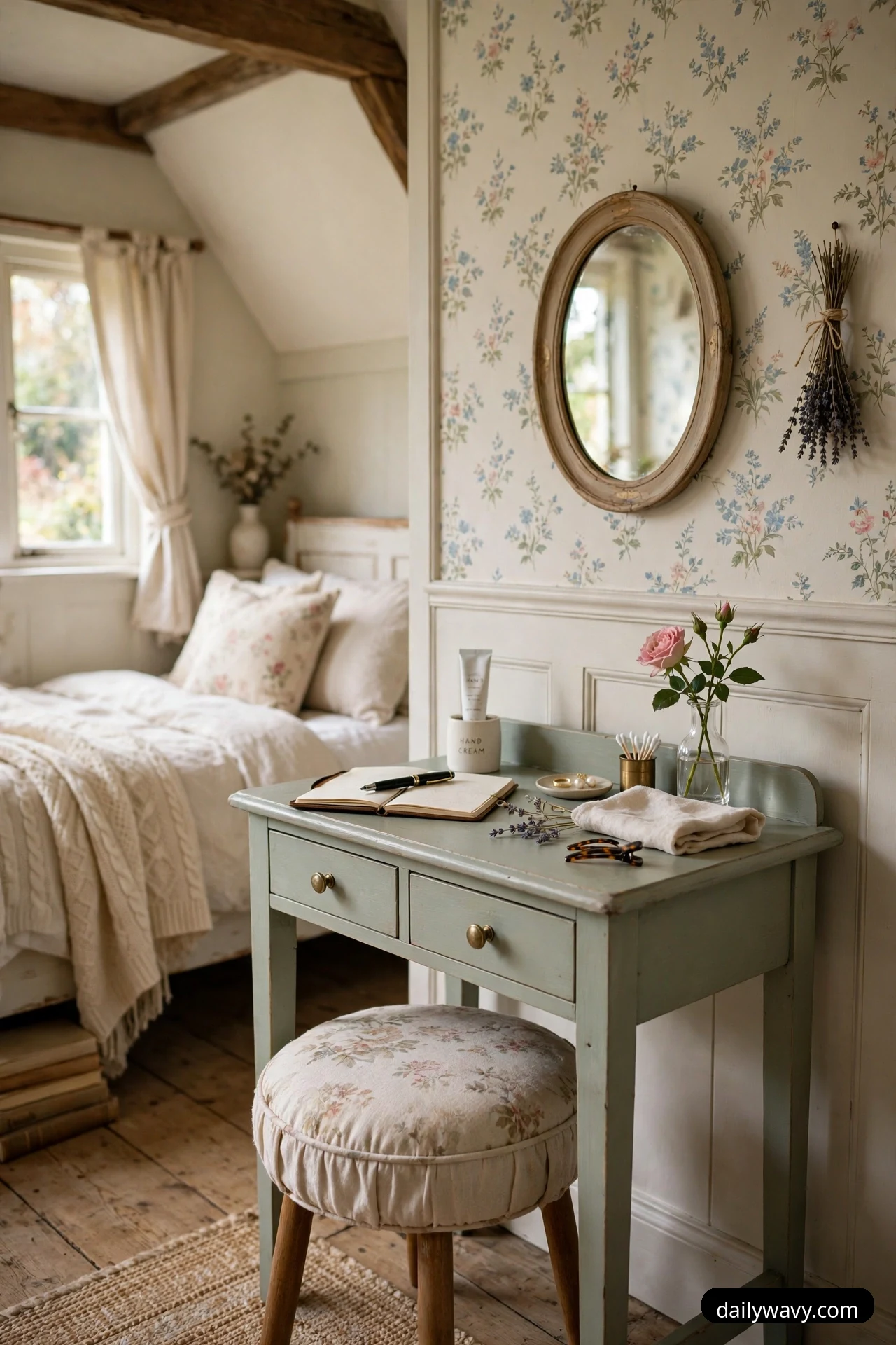A small sage-green painted desk doubles as a vanity beneath an oval wall mirror, with a floral cushioned stool tucked in front of it.