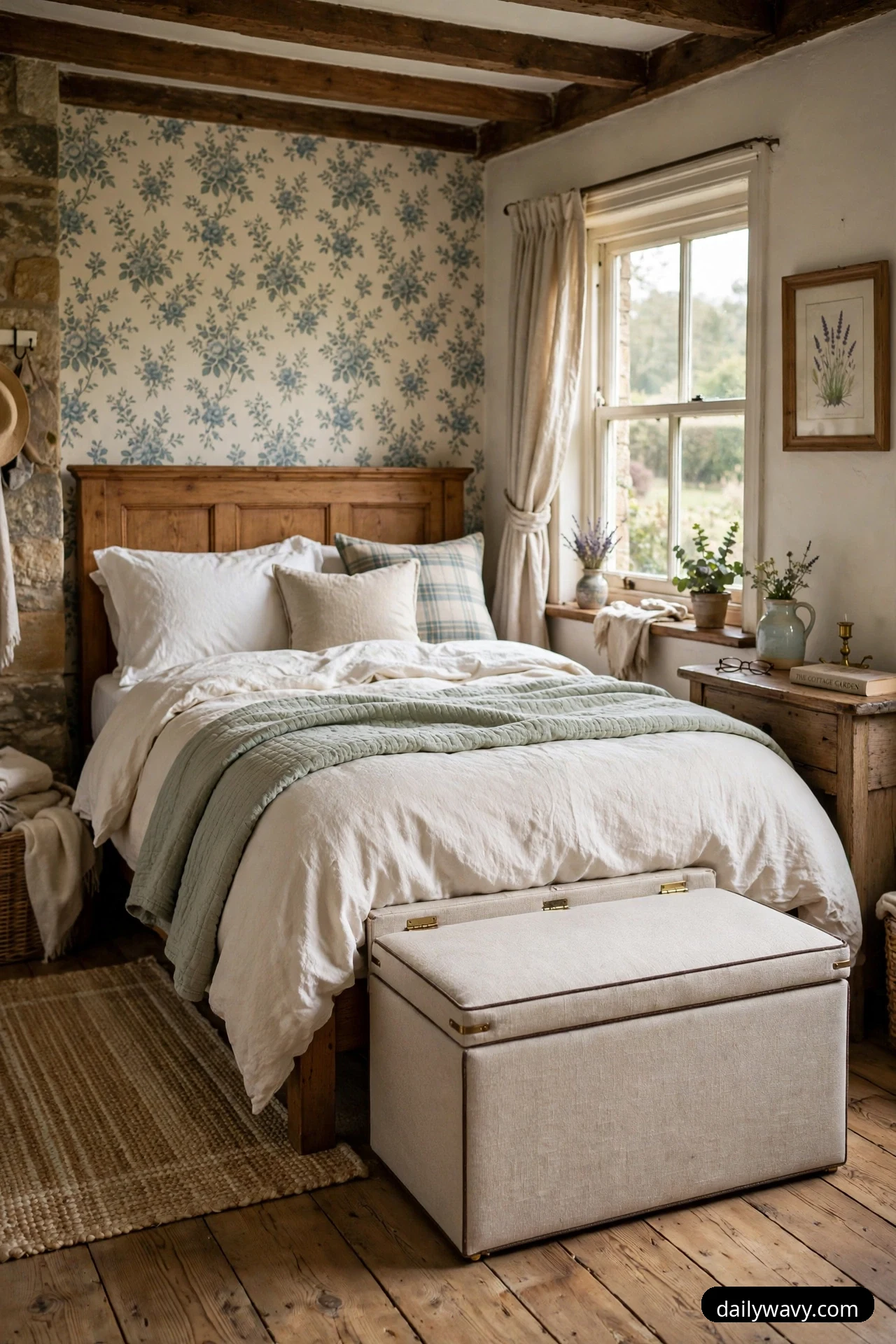 A cream fabric storage ottoman with a hinged lid sits at the foot of a bed dressed in white bedding and a sage-green quilt.