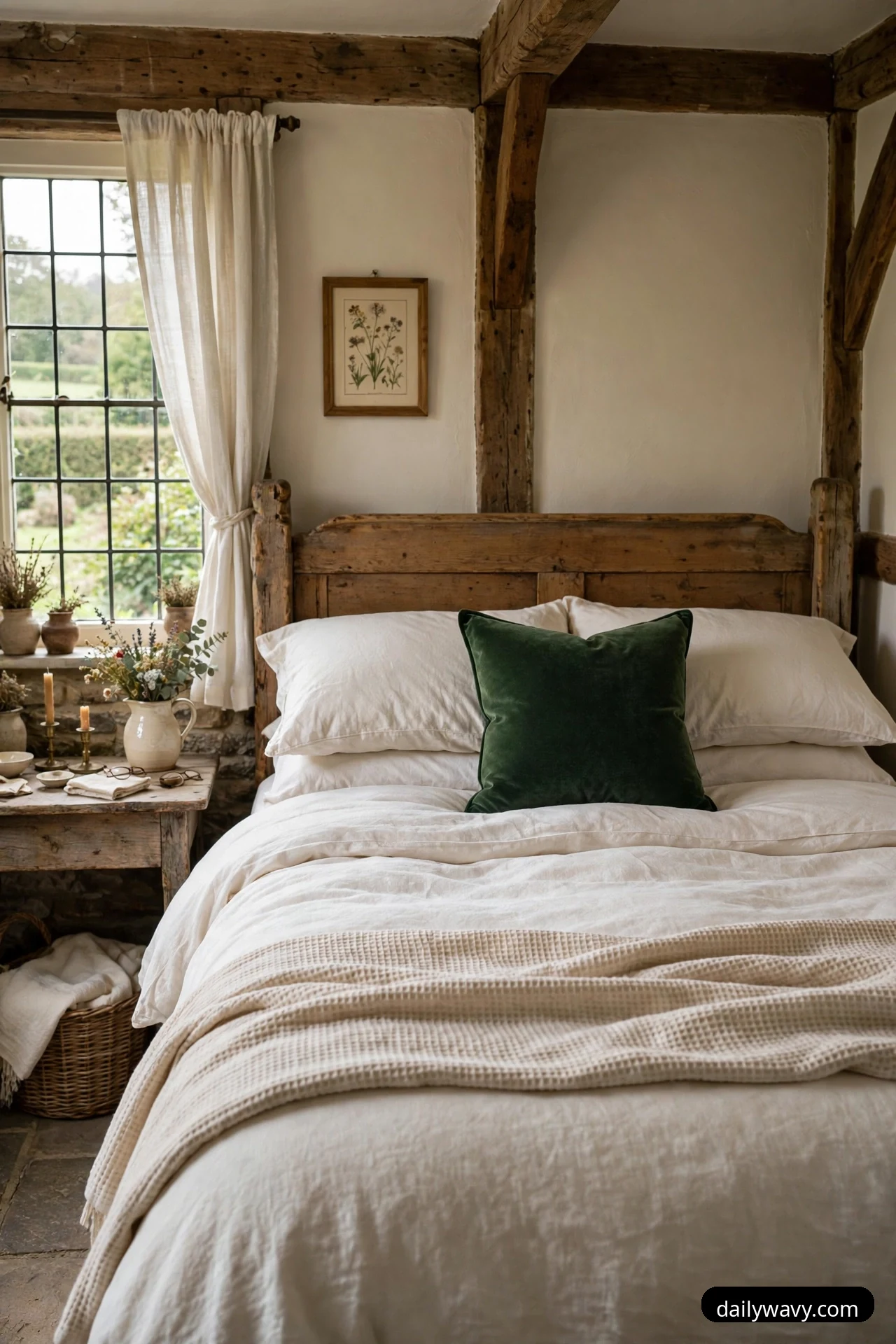 A single deep green velvet cushion rests in front of white pillows on a bed with cream cotton bedding and a rustic wooden headboard.