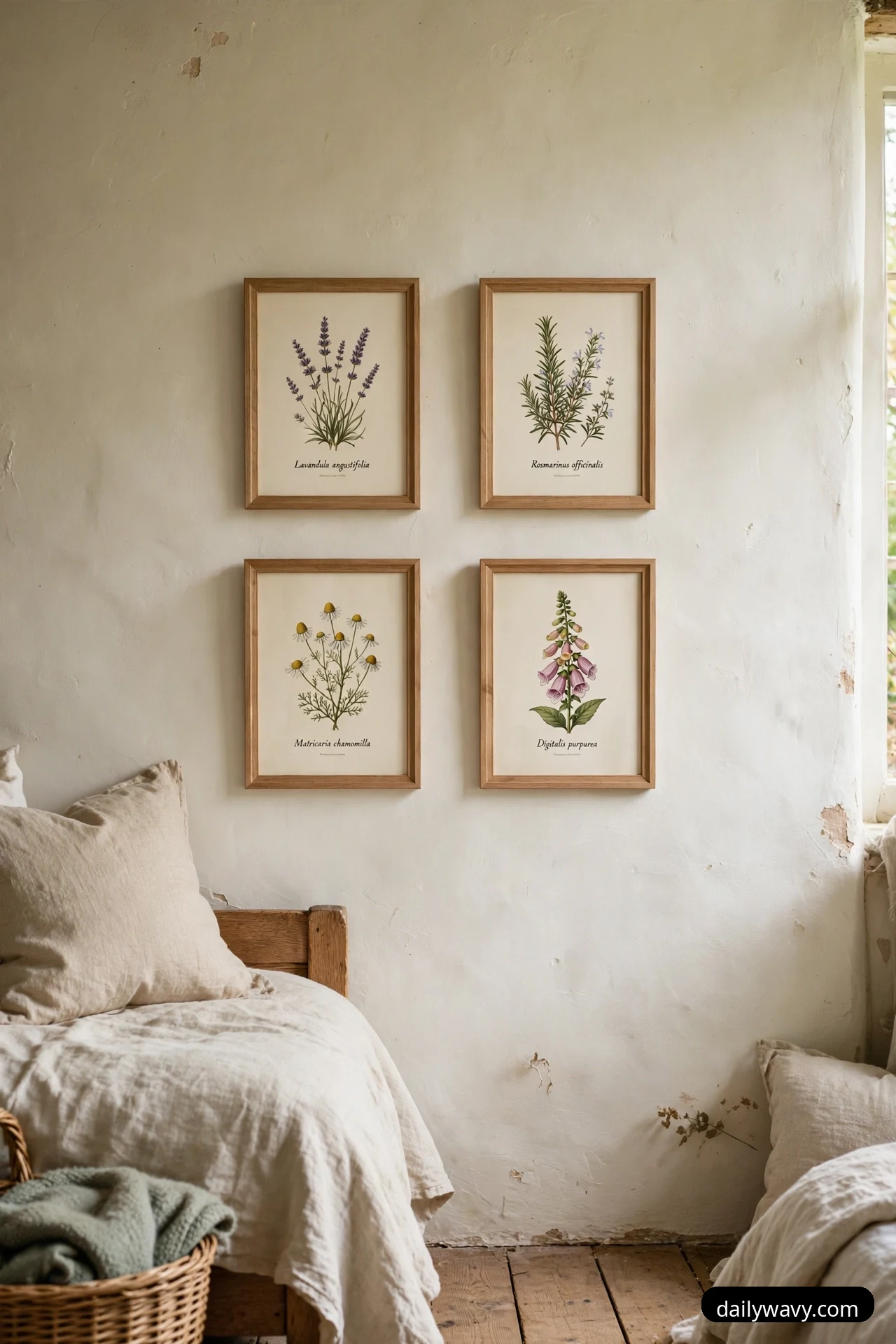Four small botanical prints in light wood frames hang in a tidy two-by-two grid on a white plaster wall above the corner of a bed.