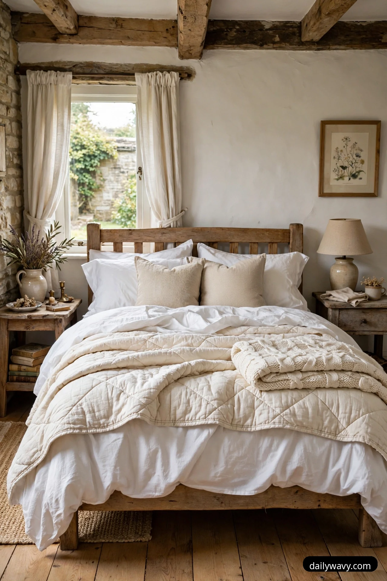 A bed is layered with white cotton bedding, a cream quilt folded across the middle, and a chunky knitted throw folded on top.
