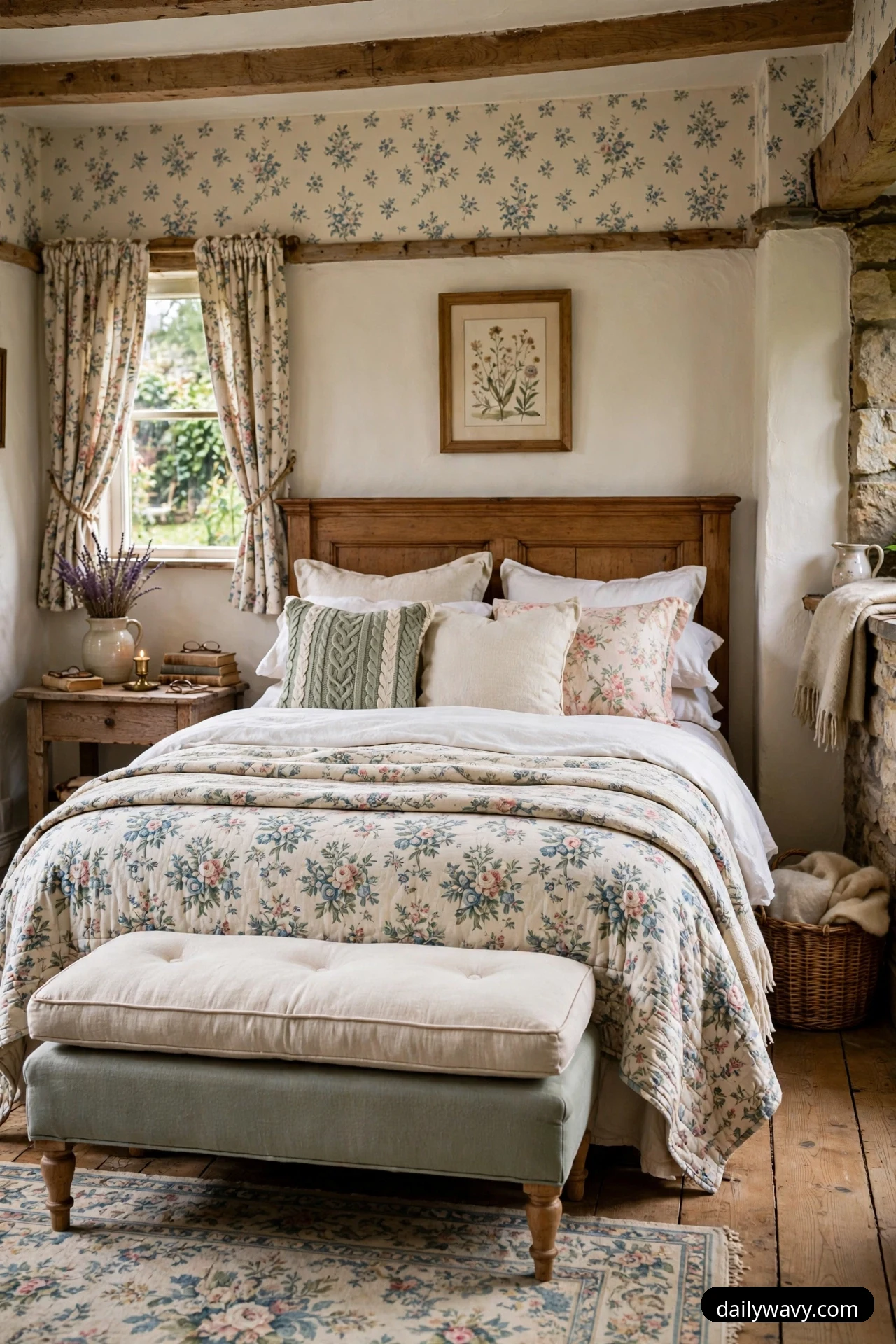 A low upholstered bench with a thick cream cushion top stands at the foot of a bed covered with a floral quilt.