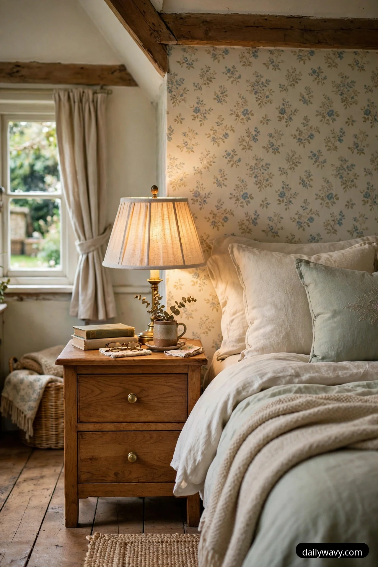 A warm oak nightstand with two drawers holds a brass lamp with a pleated linen shade, stacked books, and a mug beside a bed with cream bedding.