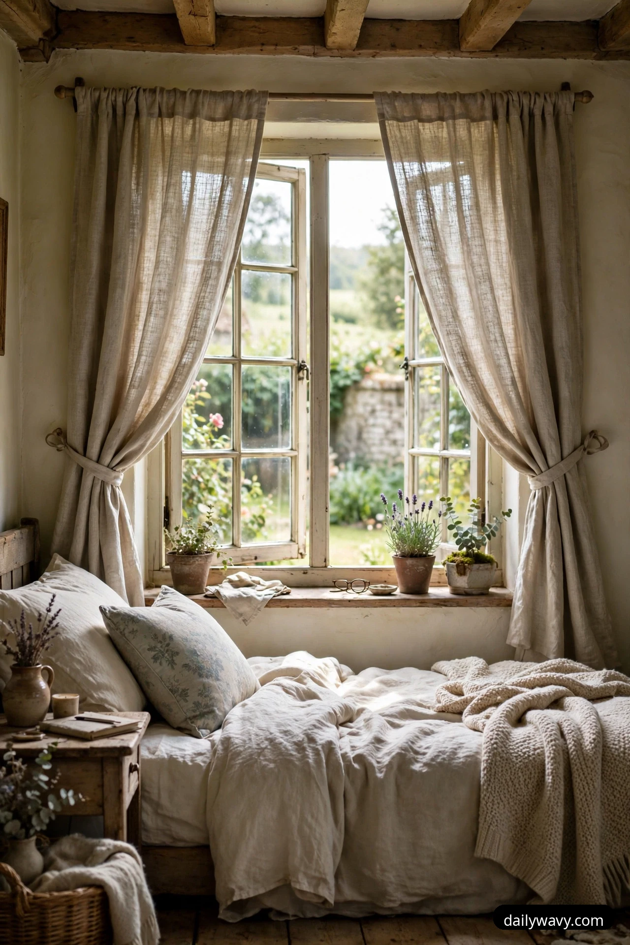 Two natural linen curtain panels hang wide on a rod and are tied back at the sides of a tall window above a bed, with daylight streaming in over the garden.