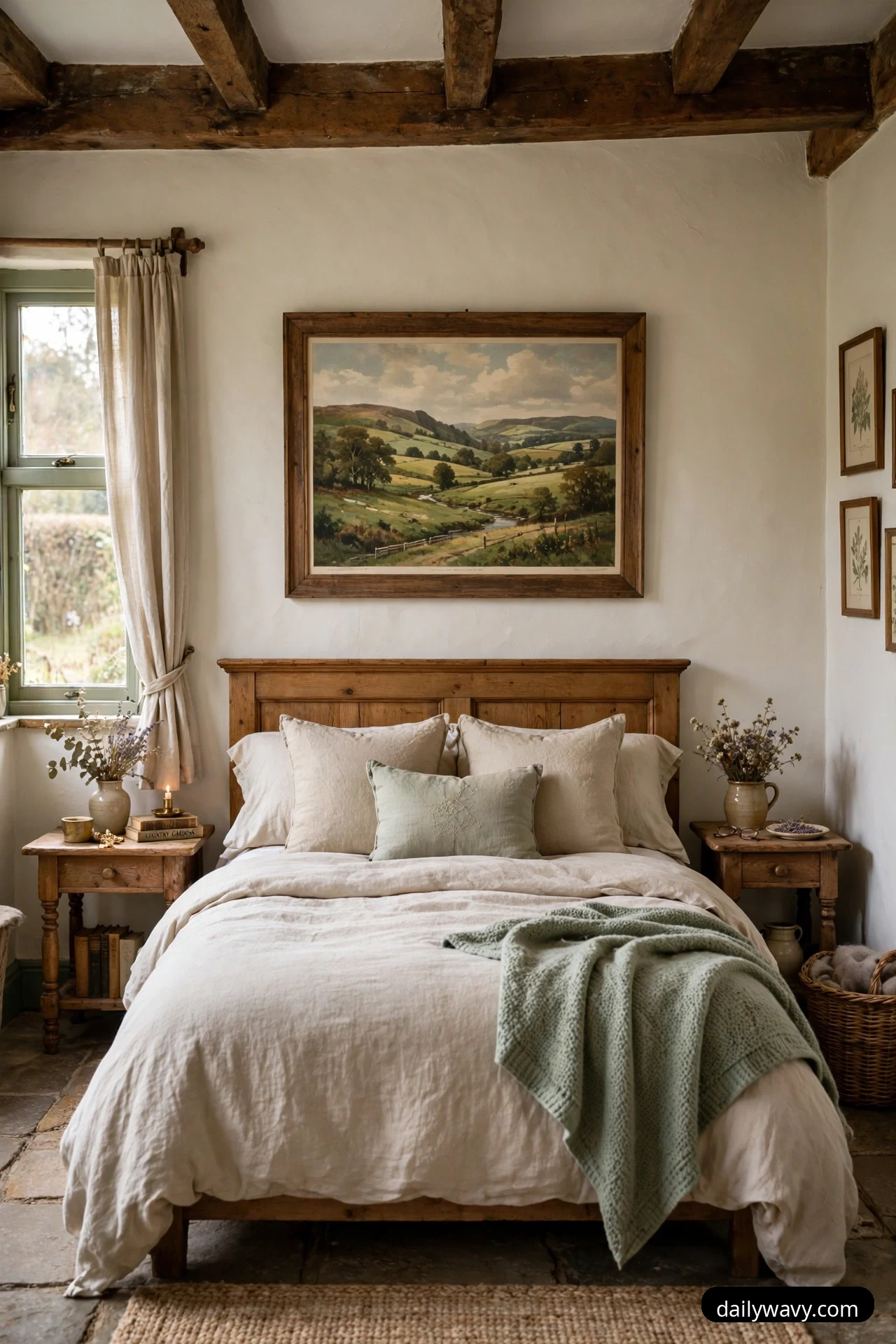 One large framed landscape painting of rolling green hills hangs centered above a wooden headboard over a bed with cream bedding.