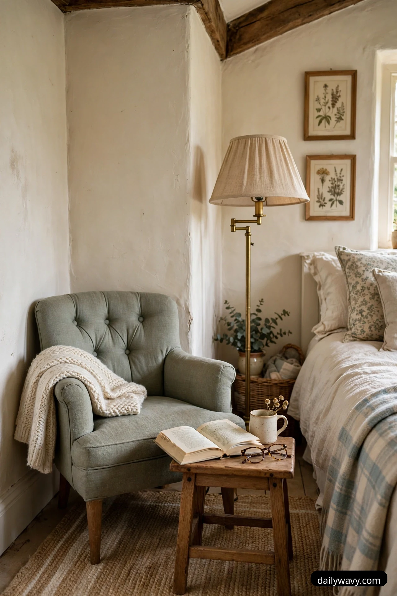 A sage-green buttoned armchair with a cream knitted throw sits in a bedroom corner beside a small wooden side table holding an open book, with a brass floor lamp behind it.