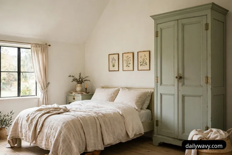 A wide view of an English cottage bedroom shows a bed with rumpled cream linen bedding beneath three framed botanical prints, a tall sage-green painted wardrobe on the right, and a woven basket holding a cream throw beside the wardrobe.
