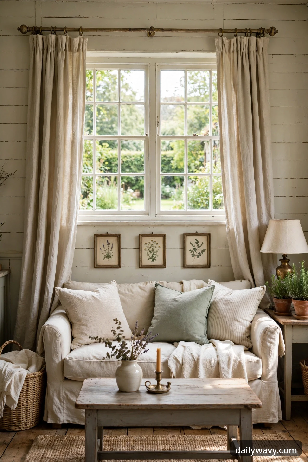 Curtains framing one generous window in an English cottage living room