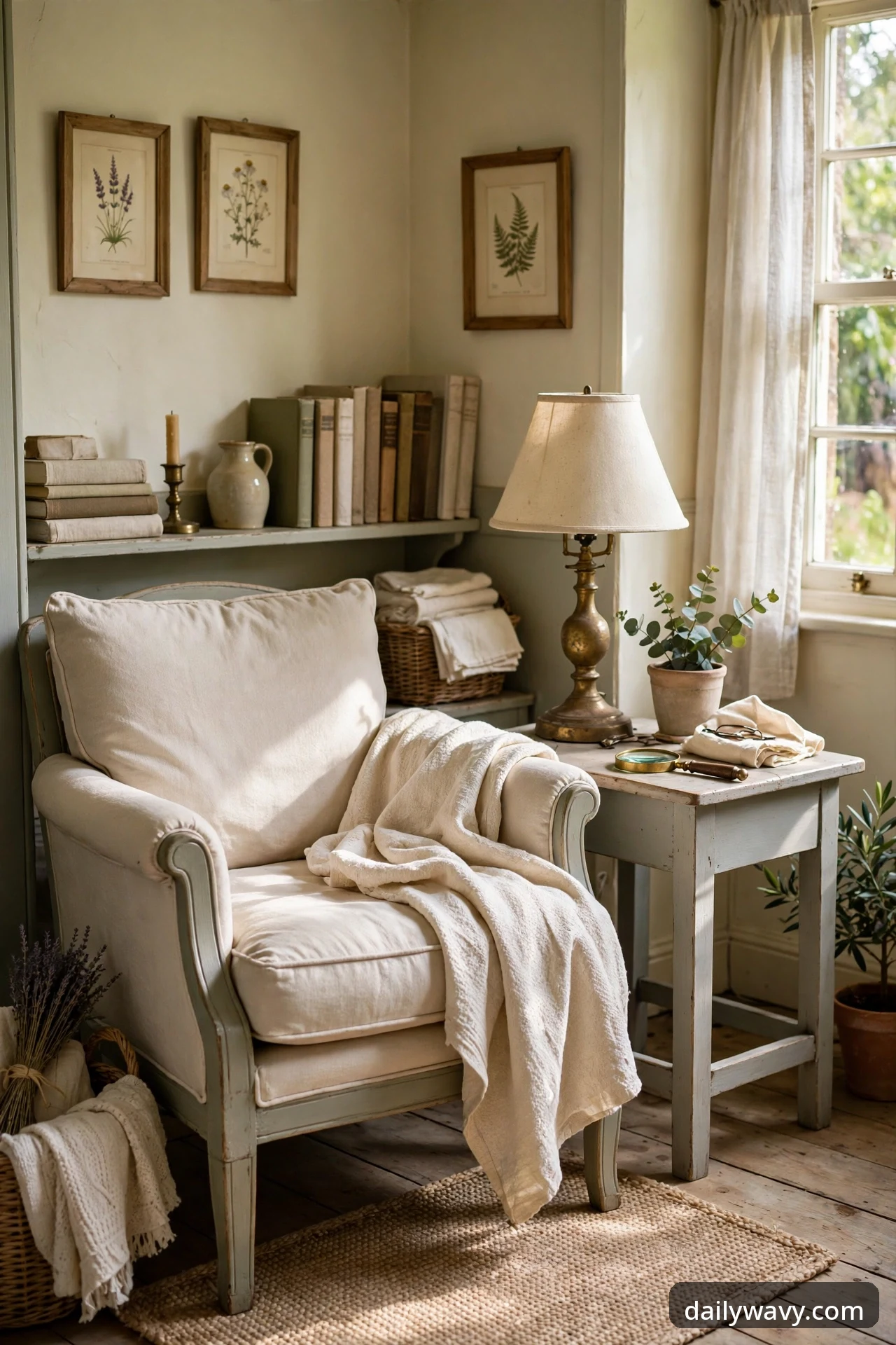 Reading chair with a small wooden side table in an English cottage living room