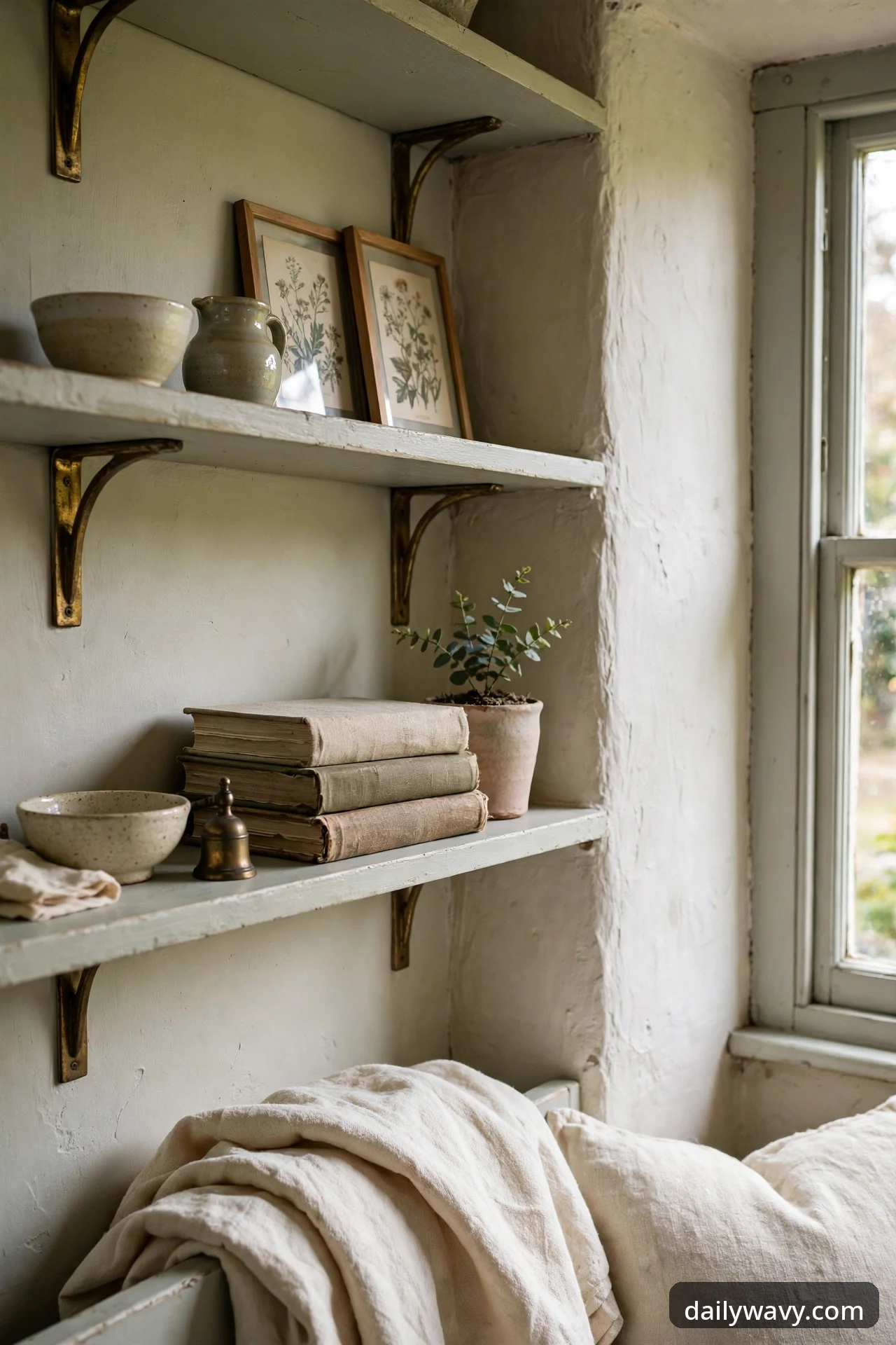 Open shelving with a restrained display of ceramics and books in an English cottage living room