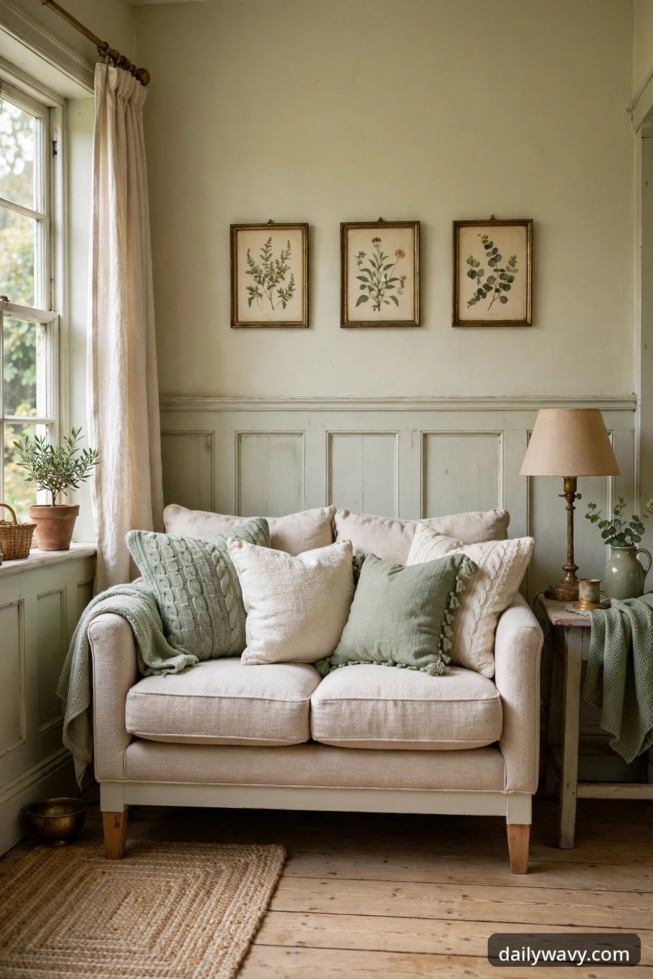 Textured linen cushions on a compact sofa in an English cottage living room