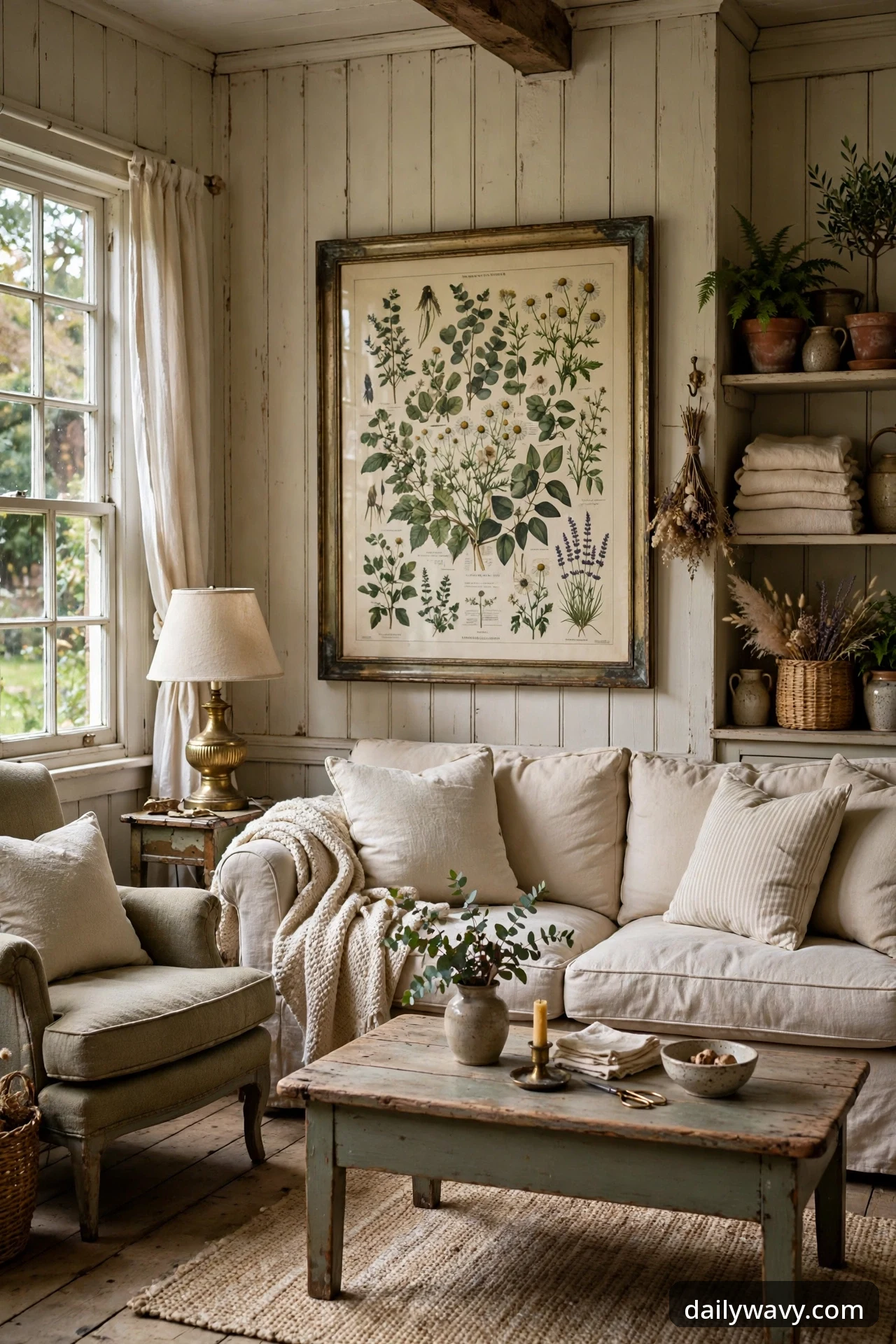 Large framed botanical artwork hanging above the main sofa in an English cottage living room