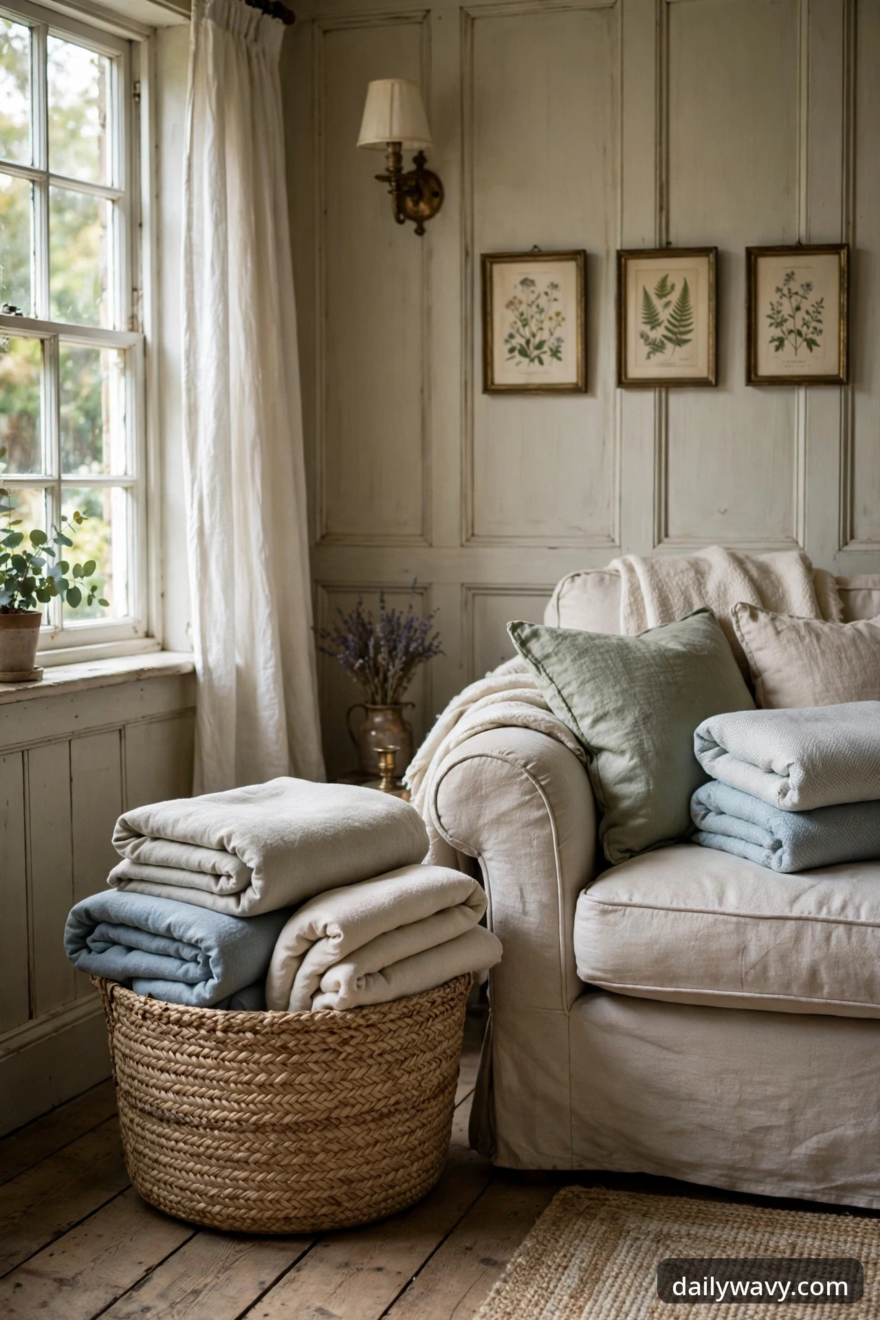 Natural woven seagrass basket filled with folded blankets beside a sofa in an English cottage living room