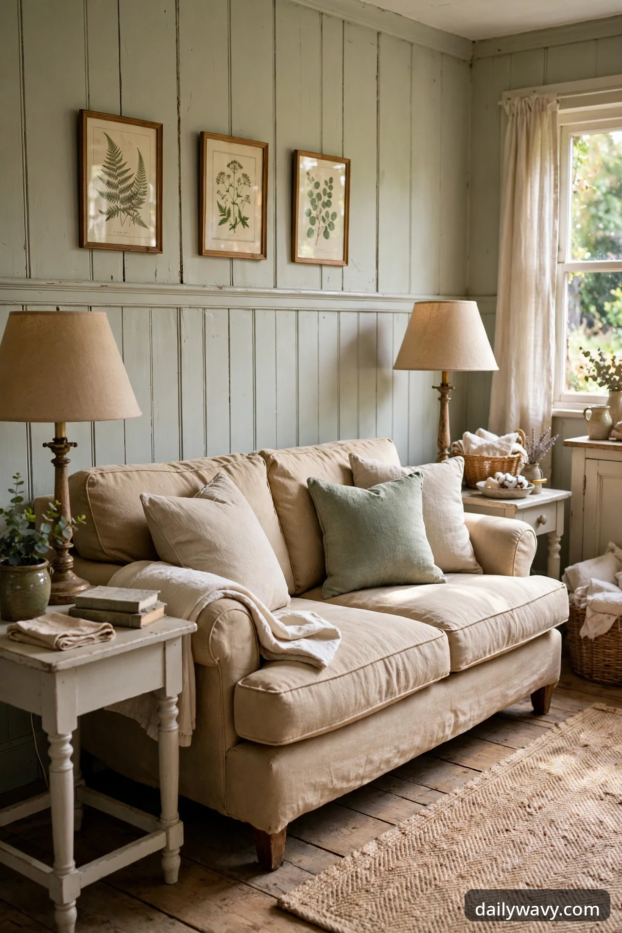 Paired table lamps with linen shades flanking a sofa in an English cottage living room