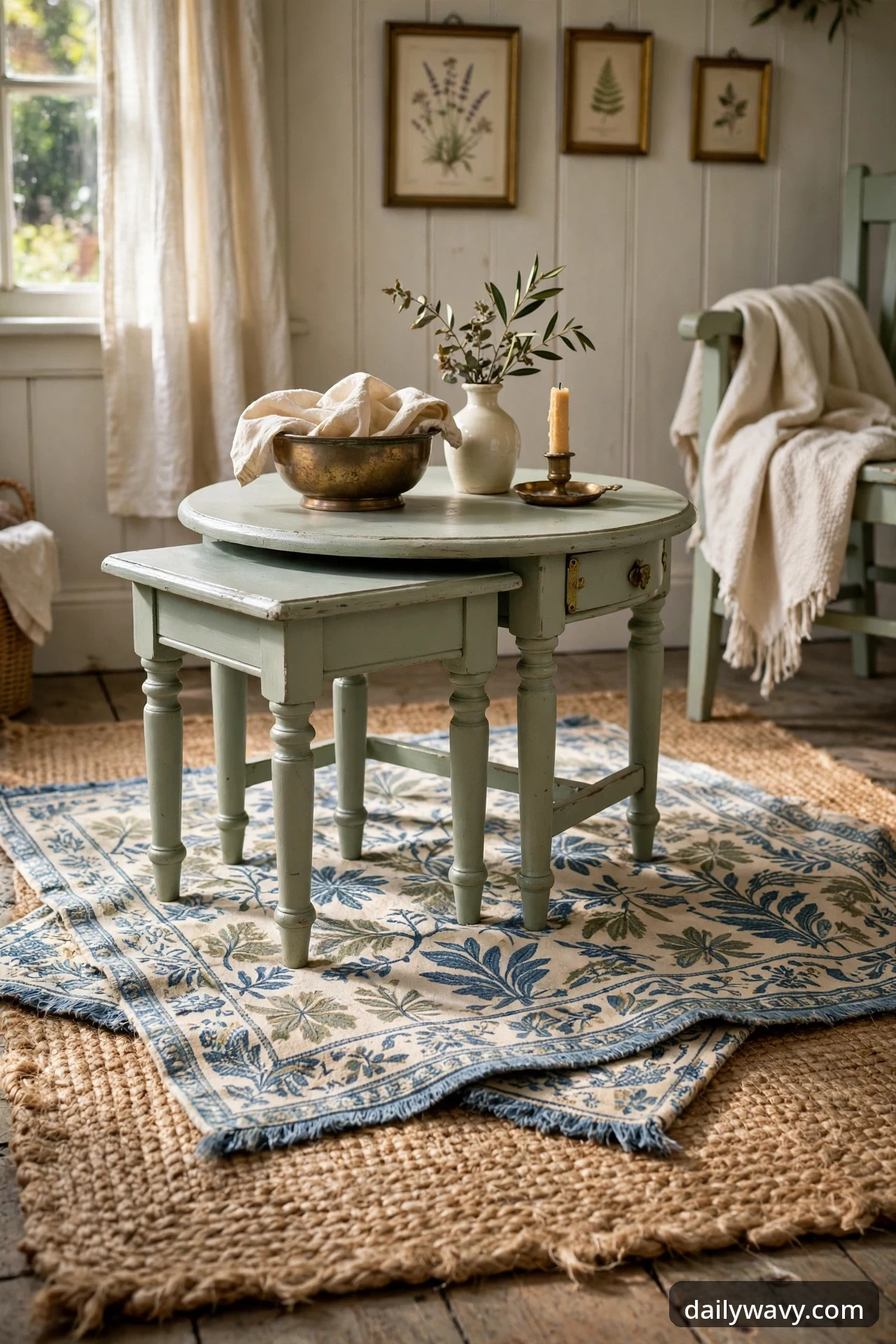 Layered jute and patterned rugs beneath a nesting table in an English cottage living room