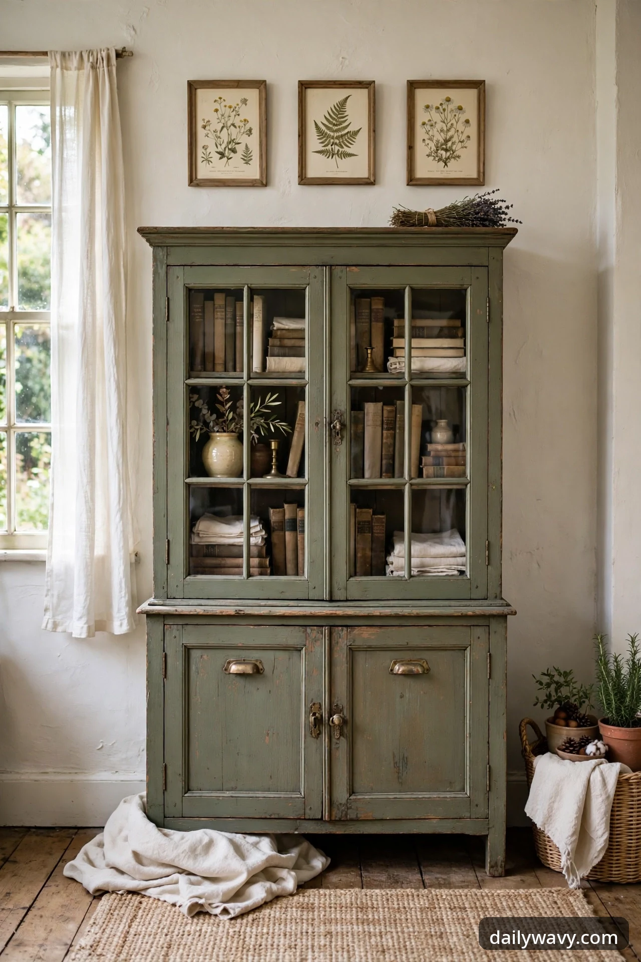 Vintage wooden cabinet with glass front used as a focal point in an English cottage living room