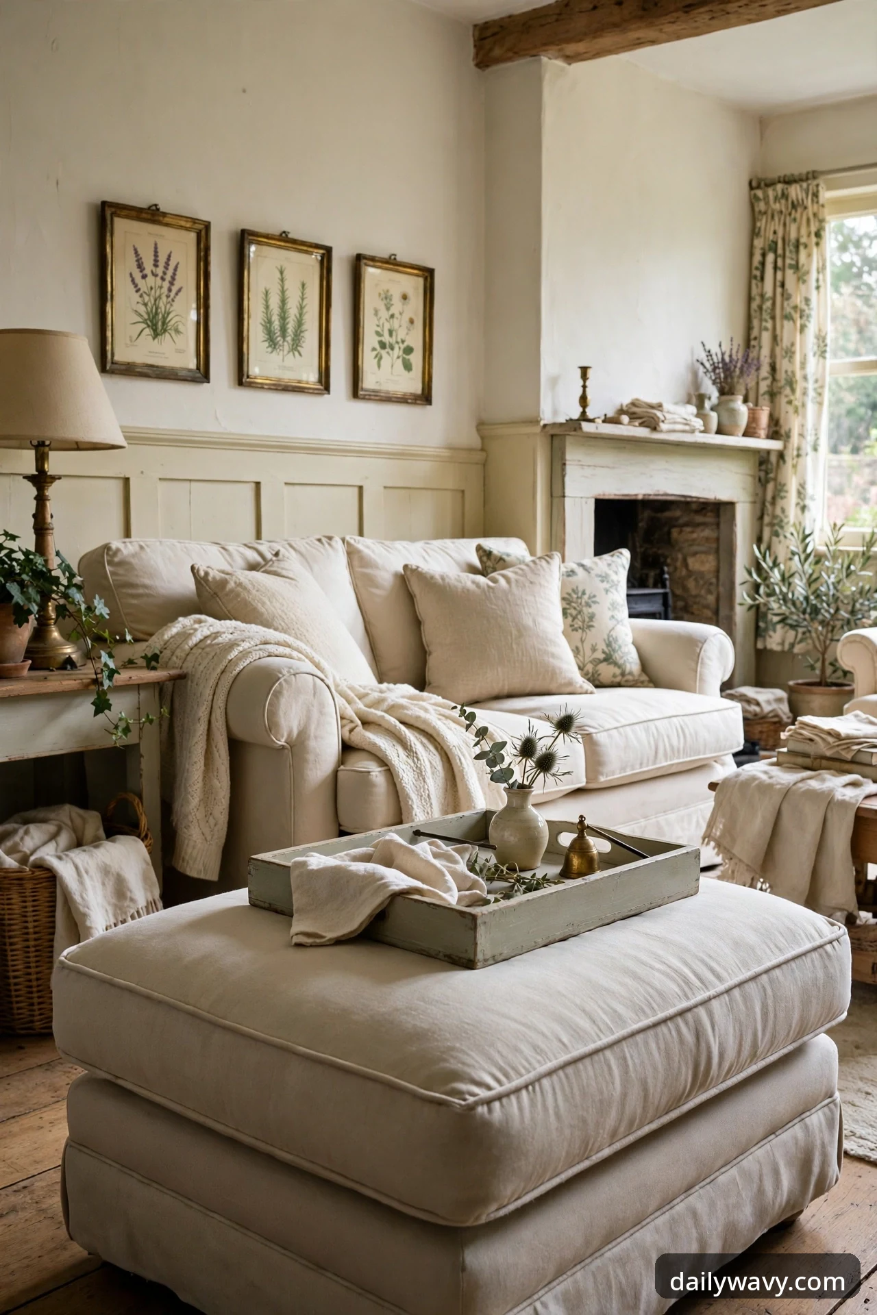 Soft upholstered ottoman with a wooden tray in front of a sofa in an English cottage living room