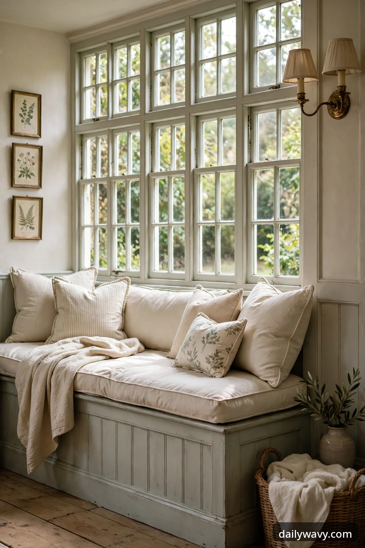Window seat with tailored piped cushions under a wide window in an English cottage living room