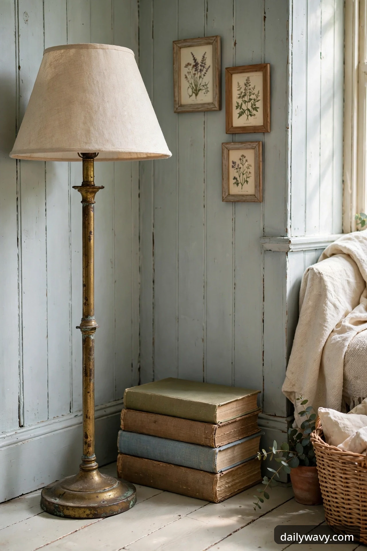 Aged brass floor lamp beside a stack of books in an English cottage living room corner