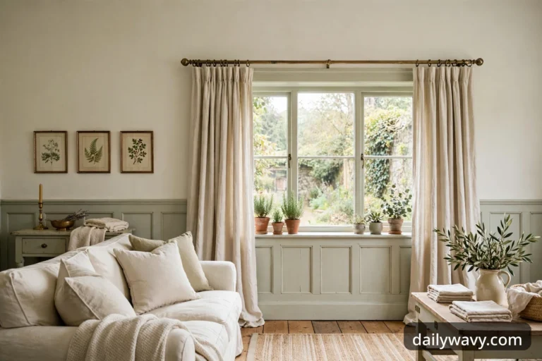 English cottage living room with linen curtains framing a generous window, painted wood paneling, botanical prints and a comfortable cotton sofa