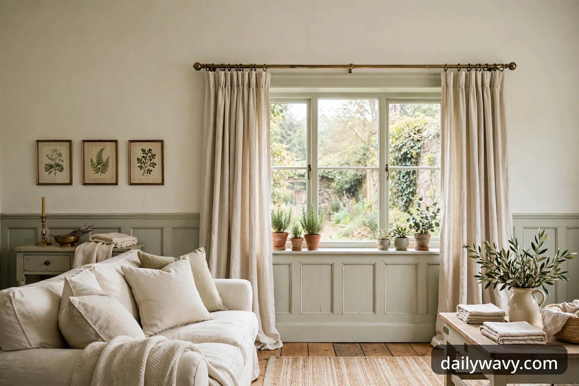 English cottage living room with linen curtains framing a generous window, painted wood paneling, botanical prints and a comfortable cotton sofa