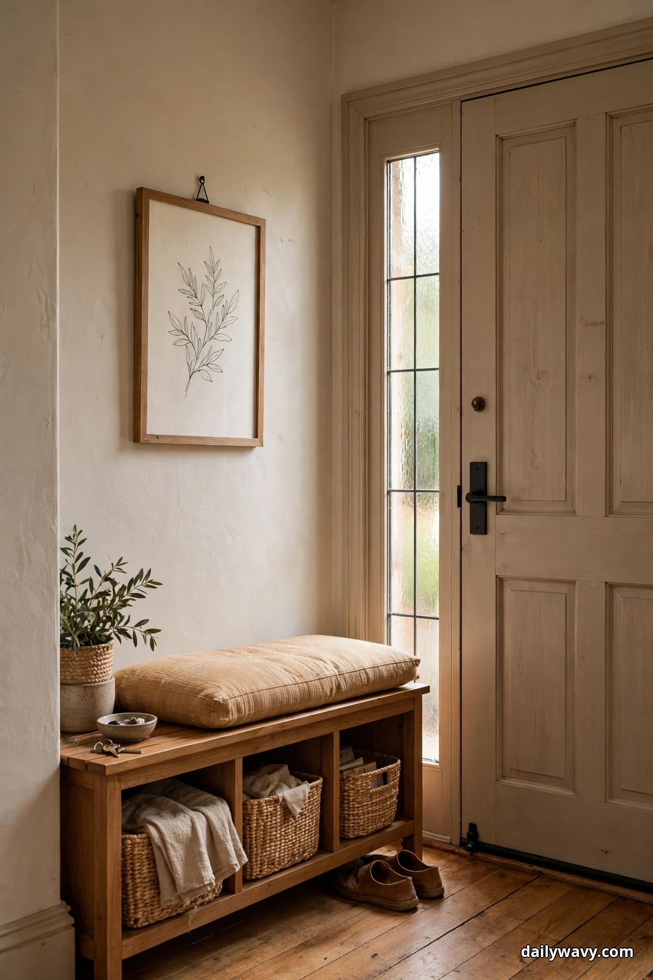 A framed botanical line print in a thin wood frame hangs on the wall beside a front door with a tall glass sidelight, above a wood bench with a tan seat cushion, woven baskets in the cubbies below and a potted plant and a small bowl of keys on the seat