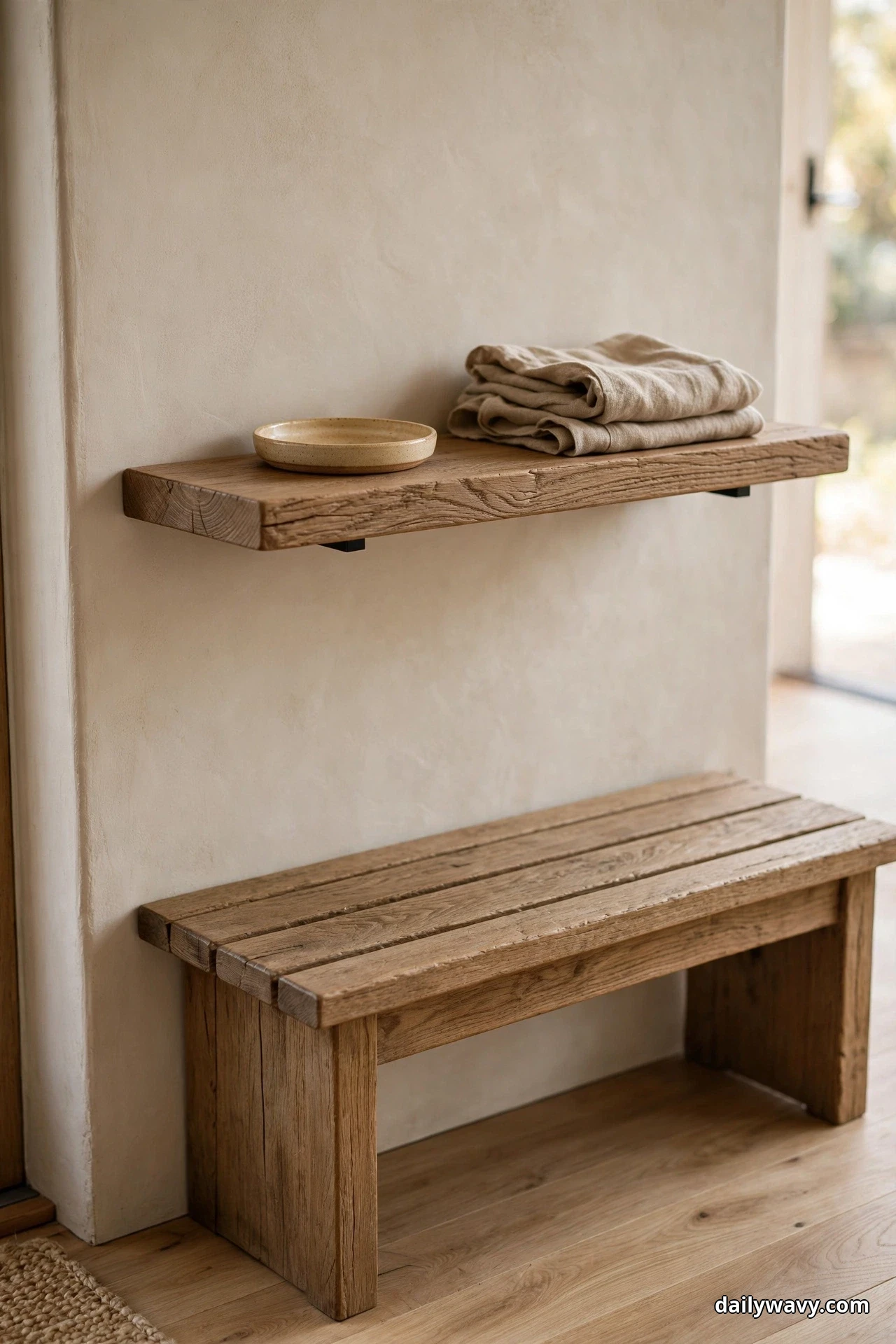 A thick rustic wood floating shelf mounted on a cream wall holds a small ceramic dish and a stack of folded beige linens above a matching rustic wood plank bench, with the wood floor in front of the bench left clear