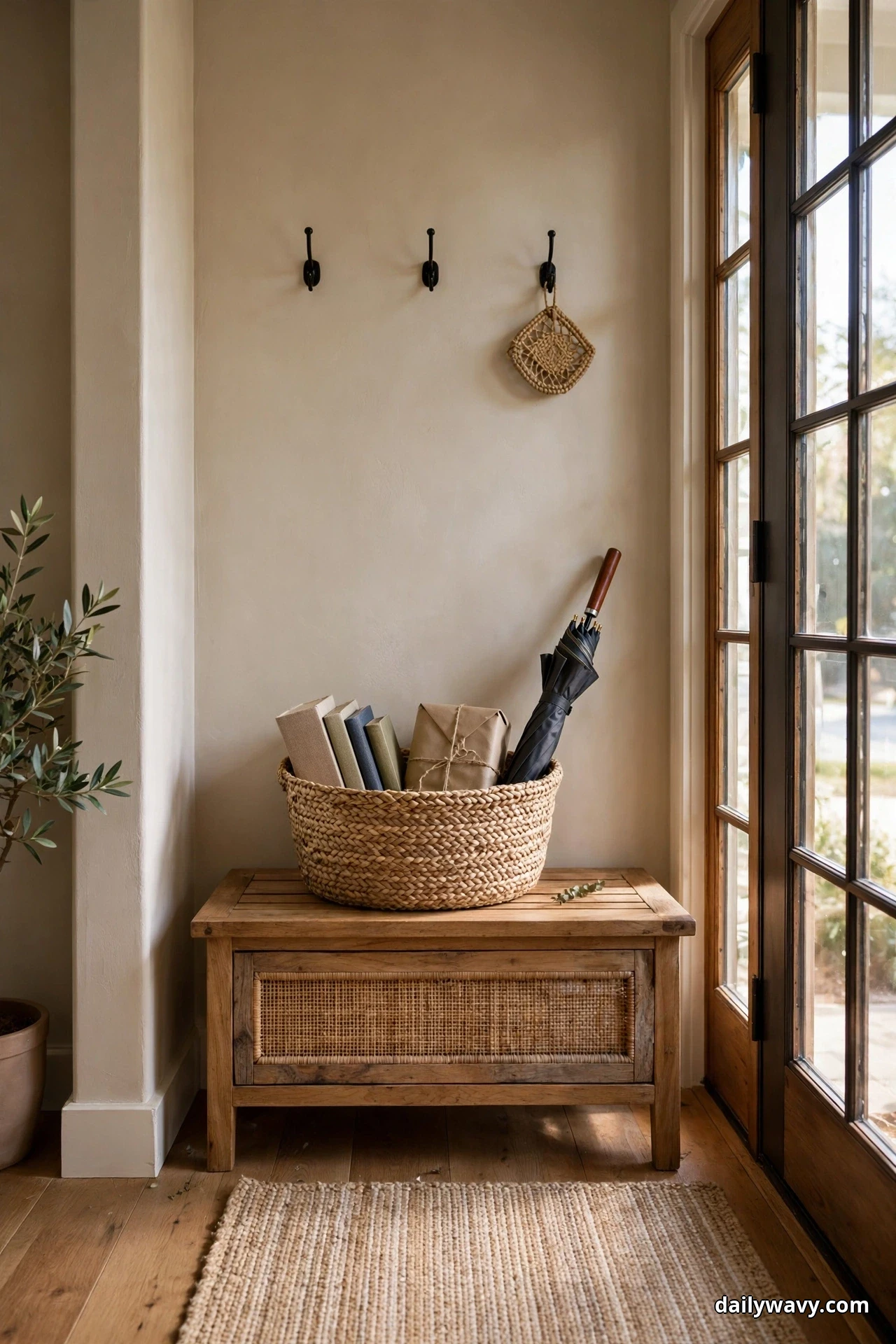 A large woven seagrass basket on a wood entryway bench holds upright books, a paper-wrapped parcel and a folded black umbrella beneath three black wall hooks, beside a glass-paneled front door