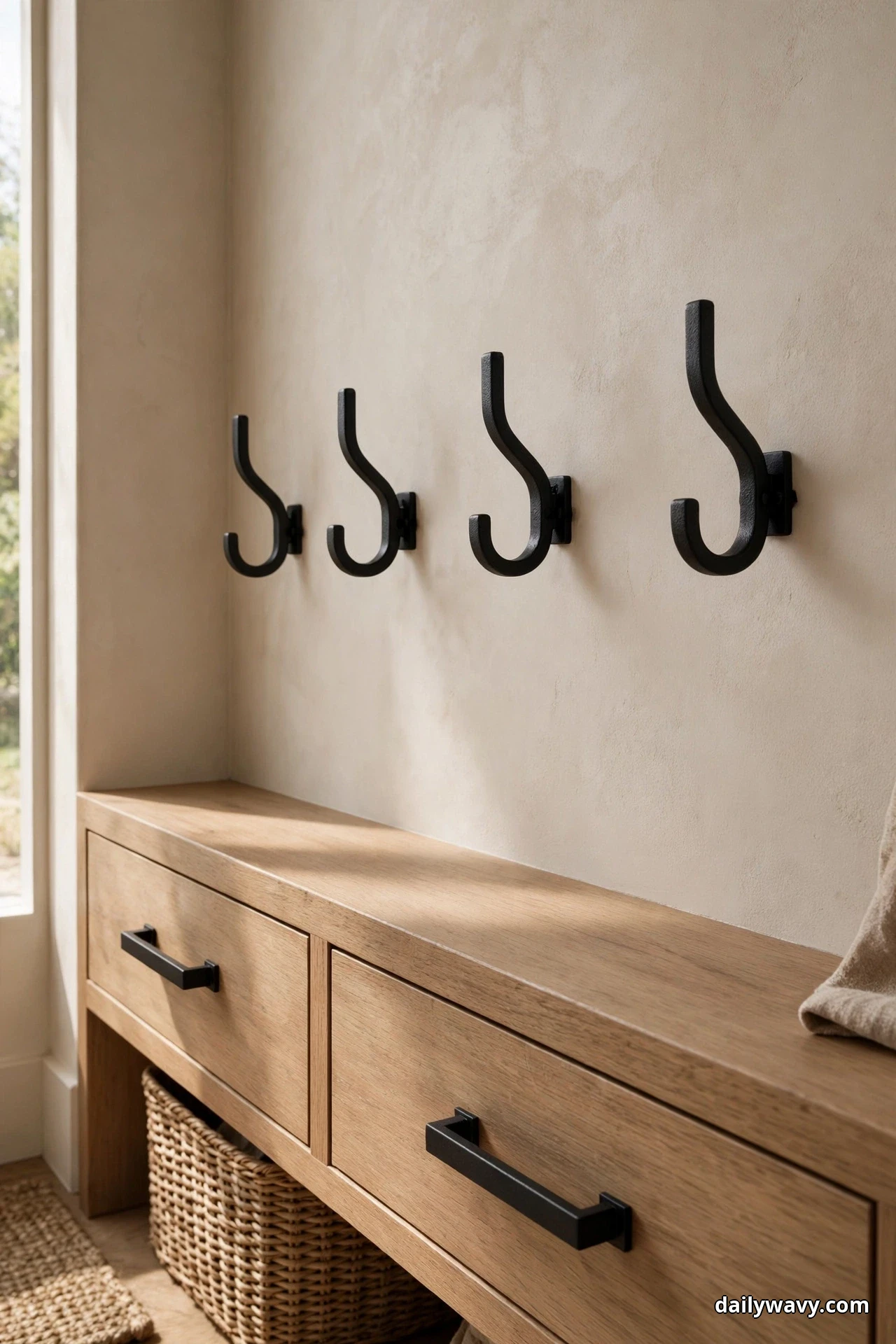 Four matte black wall hooks in a row on a cream wall repeat the matte black finish of the two drawer pulls on the light oak entryway bench below them, with a woven basket tucked underneath