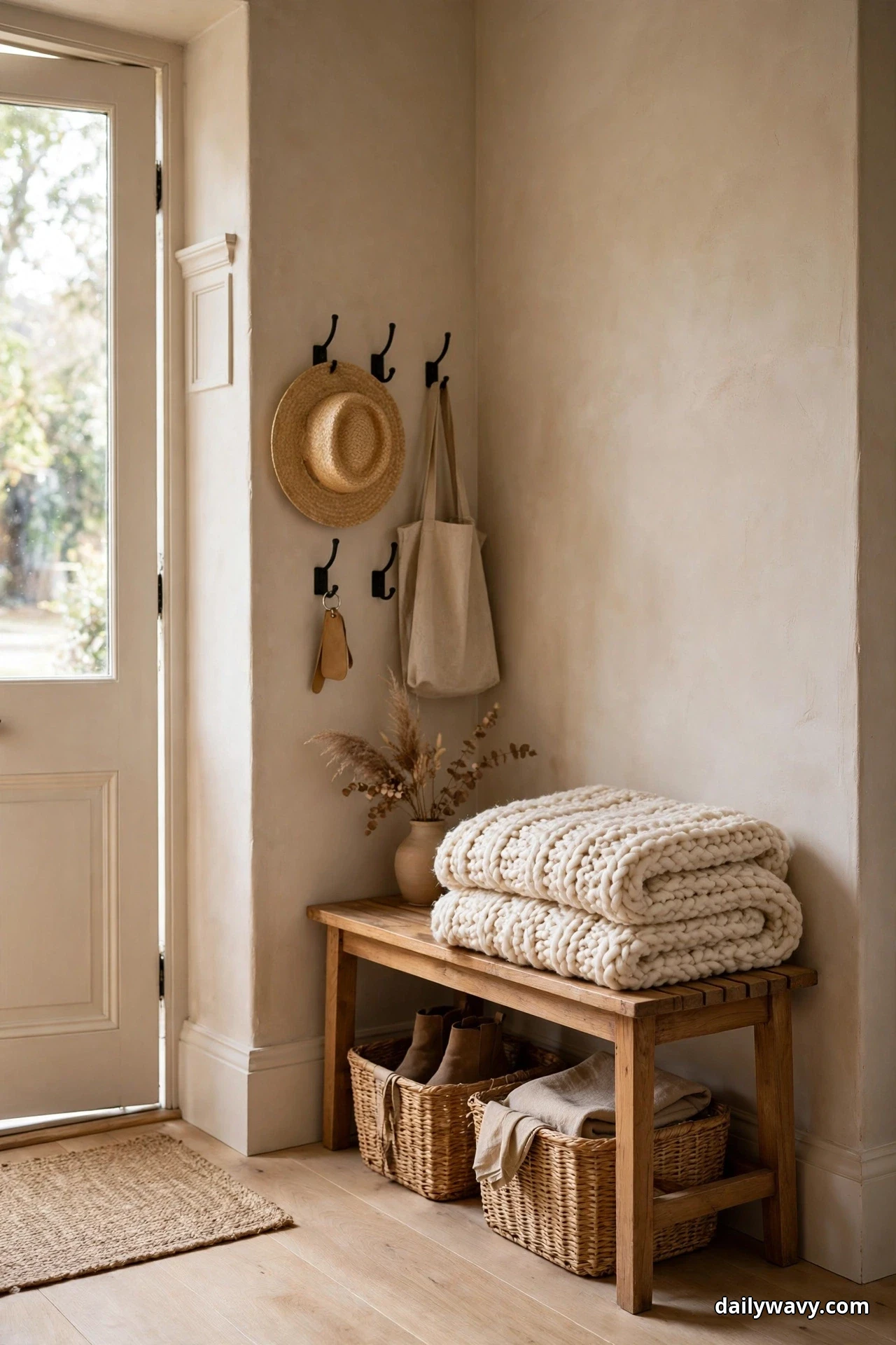 A thick cream chunky-knit blanket folded into a neat stack sits on the end of a wood entryway bench beside a vase of dried grasses, with woven baskets of boots and folded linens underneath and wall hooks holding a straw hat and a canvas tote nearby