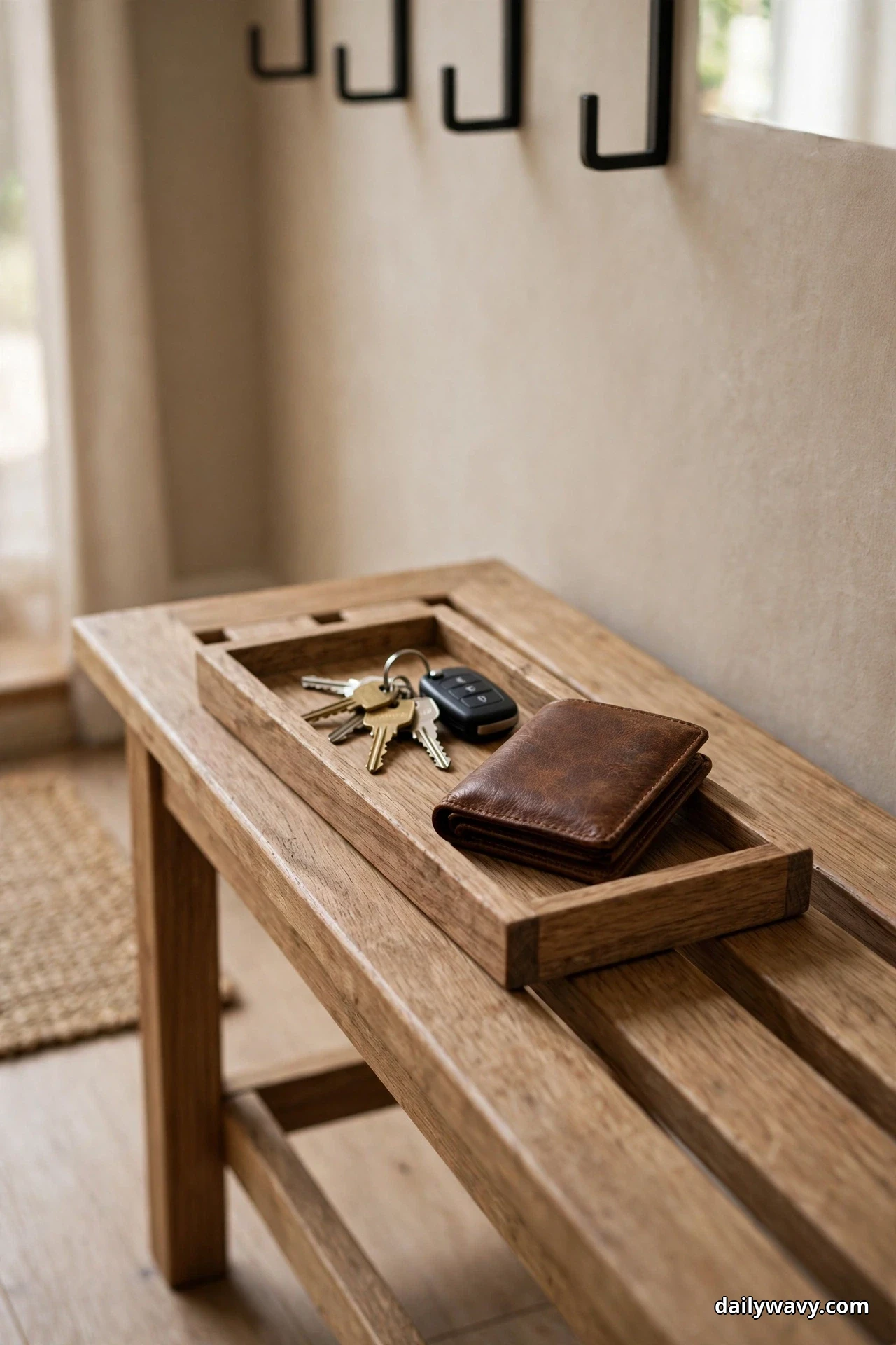 A narrow wood tray along the back of a slatted entryway bench holds a ring of keys, a black car fob and a folded brown leather wallet beneath a row of black wall hooks